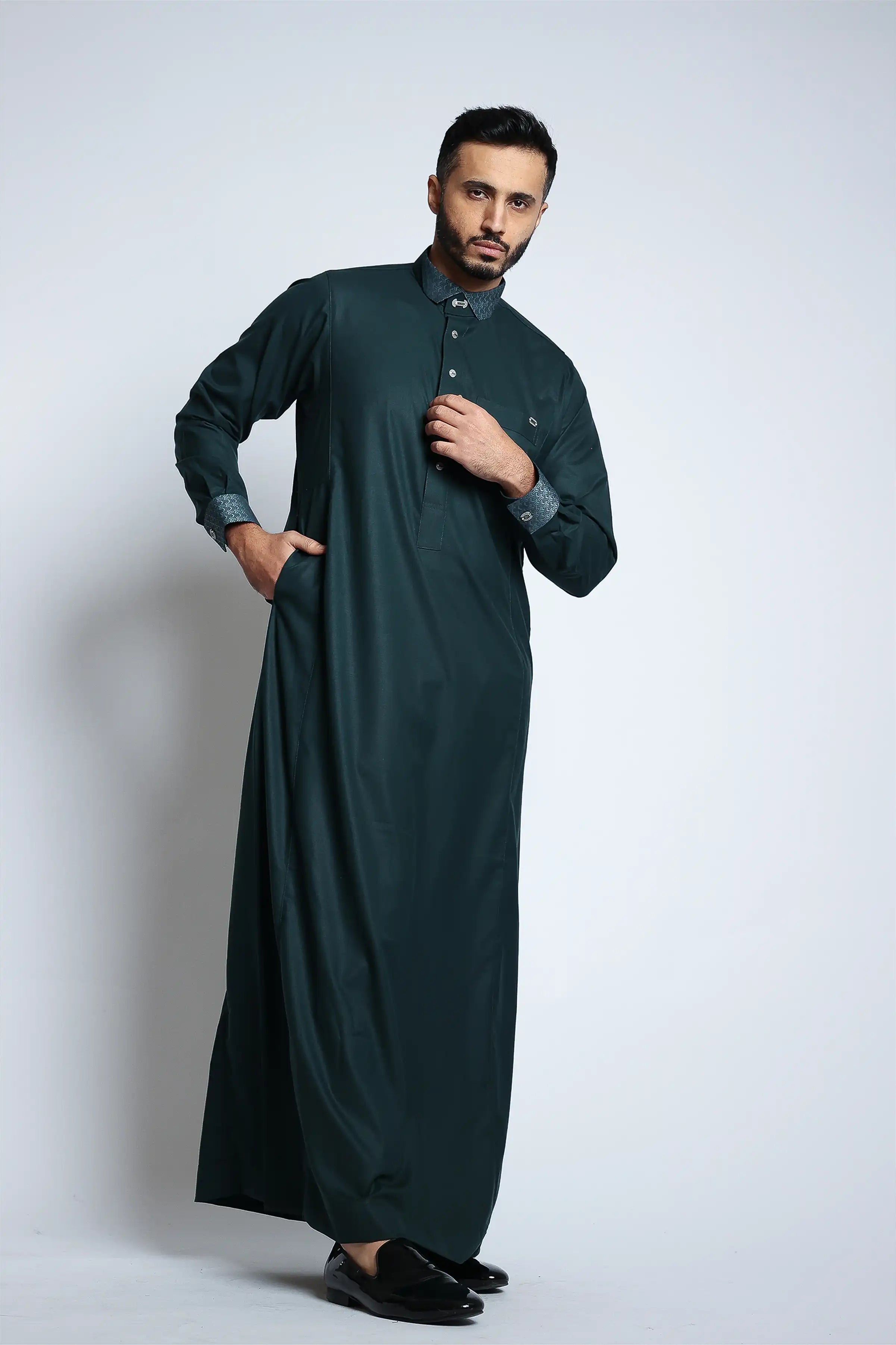 J153 Storm Green Cutaway Thobe - Premium Islamic Robe for Men | Comfortable & Stylish Prayer Dress for Mosque, Eid, and Daily Wear