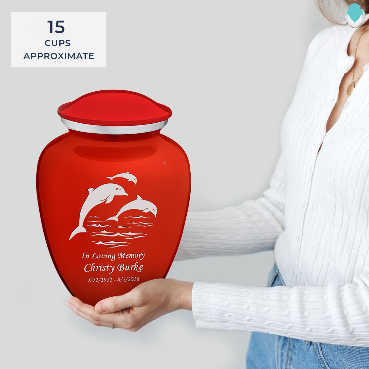 Personalized Dolphin Cremation Urns for Ashes - Large Bright Red Funeral Urn for Adults with Double-Side Engraving (Holds 200 lbs) - Memorial Keepsake for Loved Ones | Perfect for Home Display, Funeral Services & Memorial Ceremonies