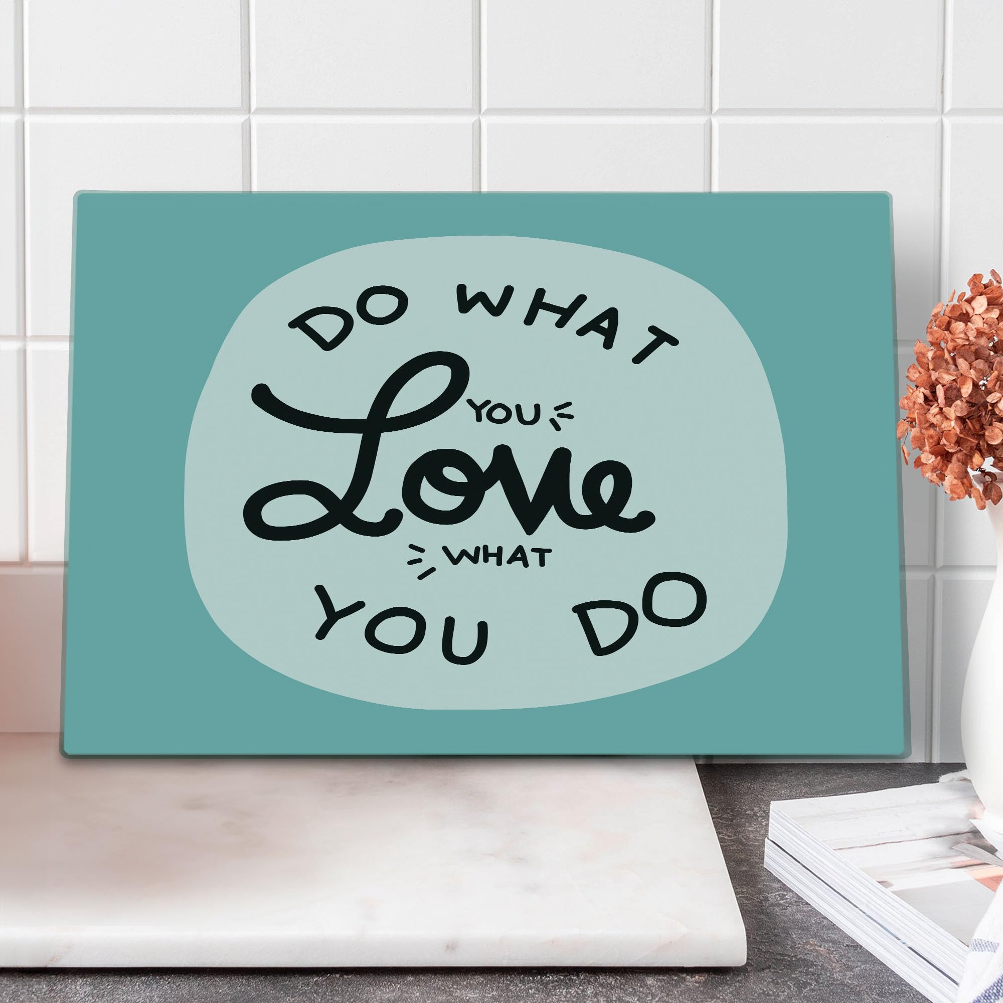 Ambesonne Motivational Cutting Board - 'Do What You Love' Inspirational Kitchen Decor, Tempered Glass Serving Board for Cheese & Charcuterie (Large, Turquoise/Black/White) - Perfect for Home Cooking, Entertaining & Housewarming Gifts