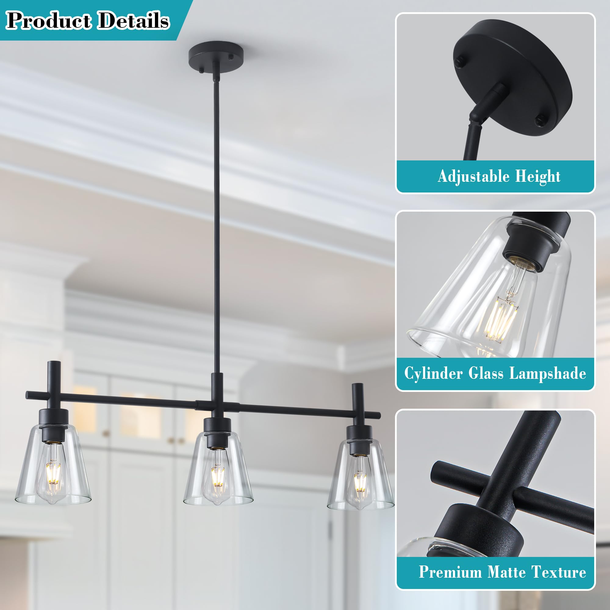 Modern Black Kitchen Island Lighting - 3-Light Adjustable Rectangle Linear Chandelier with Glass Shades, Farmhouse Pendant Light Fixture for Dining Room & Living Room - Perfect for Kitchen Counter, Breakfast Bar and Open Concept Spaces