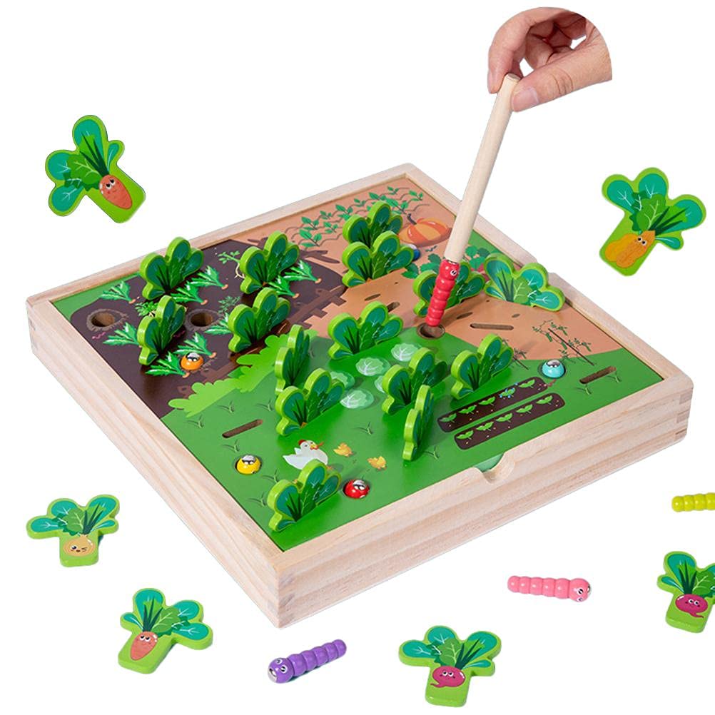 ADSE Wooden Carrot Catch Worm Game - 3D Magnetic Vegetable Educational Toy for Toddlers & Preschoolers | Fun Early Learning Activity for Fine Motor Skills Development
