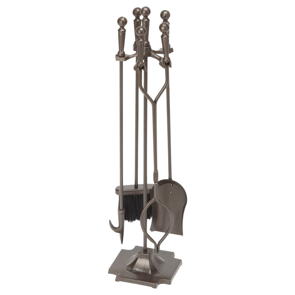 Uniflame F-1634 5-Piece Bronze Fireplace Tools Set with Ball Handles & Pedestal Base - Durable Fireplace Accessories for Home, Patio & Outdoor Fire Pits