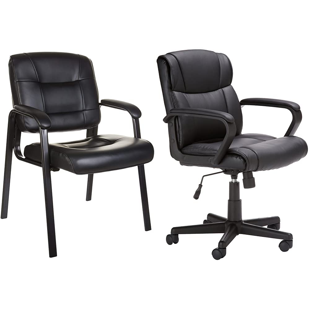Amazon Basics Classic Faux Leather Office Desk Guest Chair - Black Ergonomic Adjustable Swivel Chair with Padded Seat, Metal Frame & Armrests for Home Office, Conference Room or Study Area