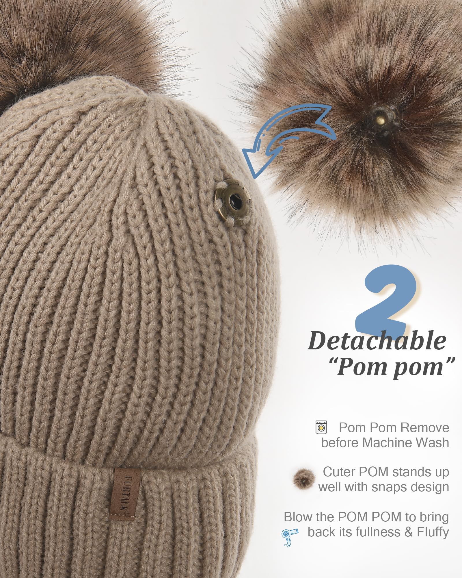 FURTALK Women's Fleece Lined Winter Beanie Hat - Warm Knit Hat with Double Faux Fur Pom Poms for Women & Girls - Perfect for Cold Weather, Snow Days & Outdoor Activities