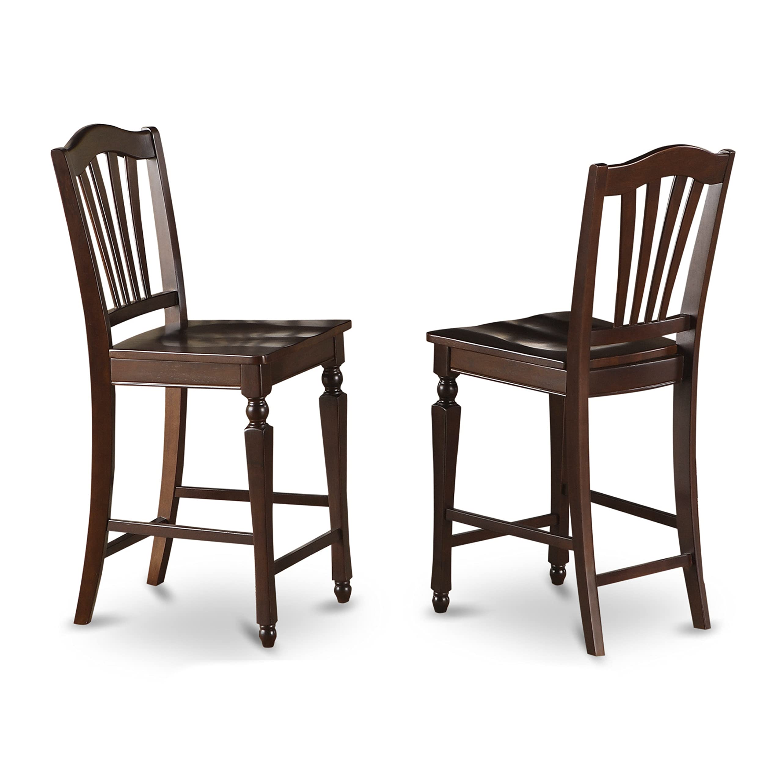 East West Furniture CHS-MAH-W Chelsea Counter Height Barstools - Set of 2 Mahogany Wooden Bar Stools with Slat Back & Comfortable Seat - Perfect for Kitchen Islands, Breakfast Bars & Home Pub Decor