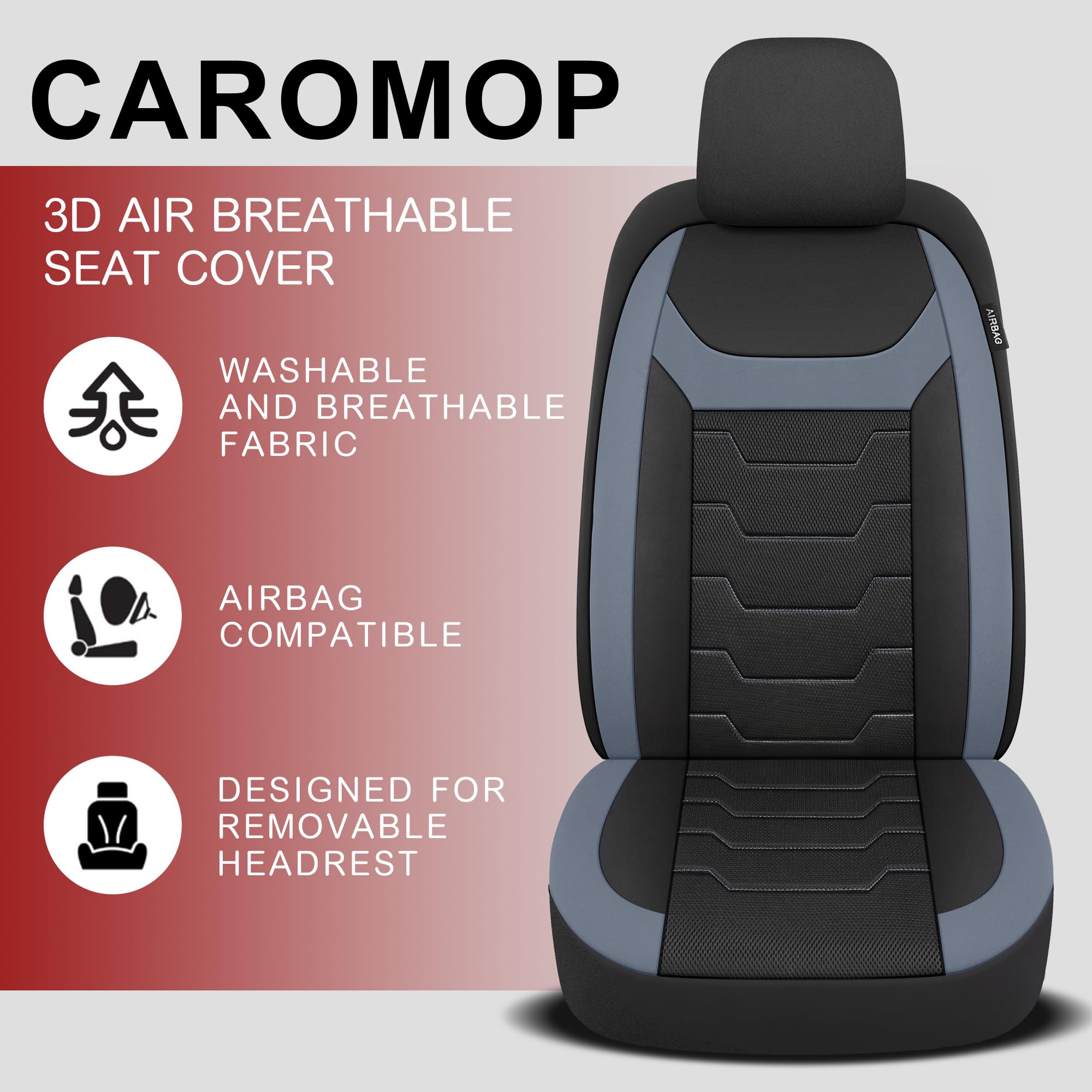 CAROMOP Breathable 3D Air Mesh Car Seat Covers for Front Seats - Universal Fit for SUV, Vans, Sedans & Trucks (Black/Gray) | Premium Automotive Interior Protection & Comfort for Long Drives