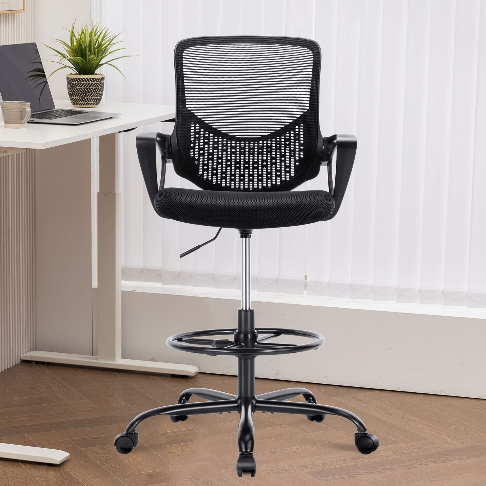 Ergonomic Mid-Back Mesh Drafting Chair - Adjustable Height Office Chair with Lumbar Support, Armrests & Foot Ring for Standing Desks - Black Stool for Artists, Architects & Counter Height Workspaces