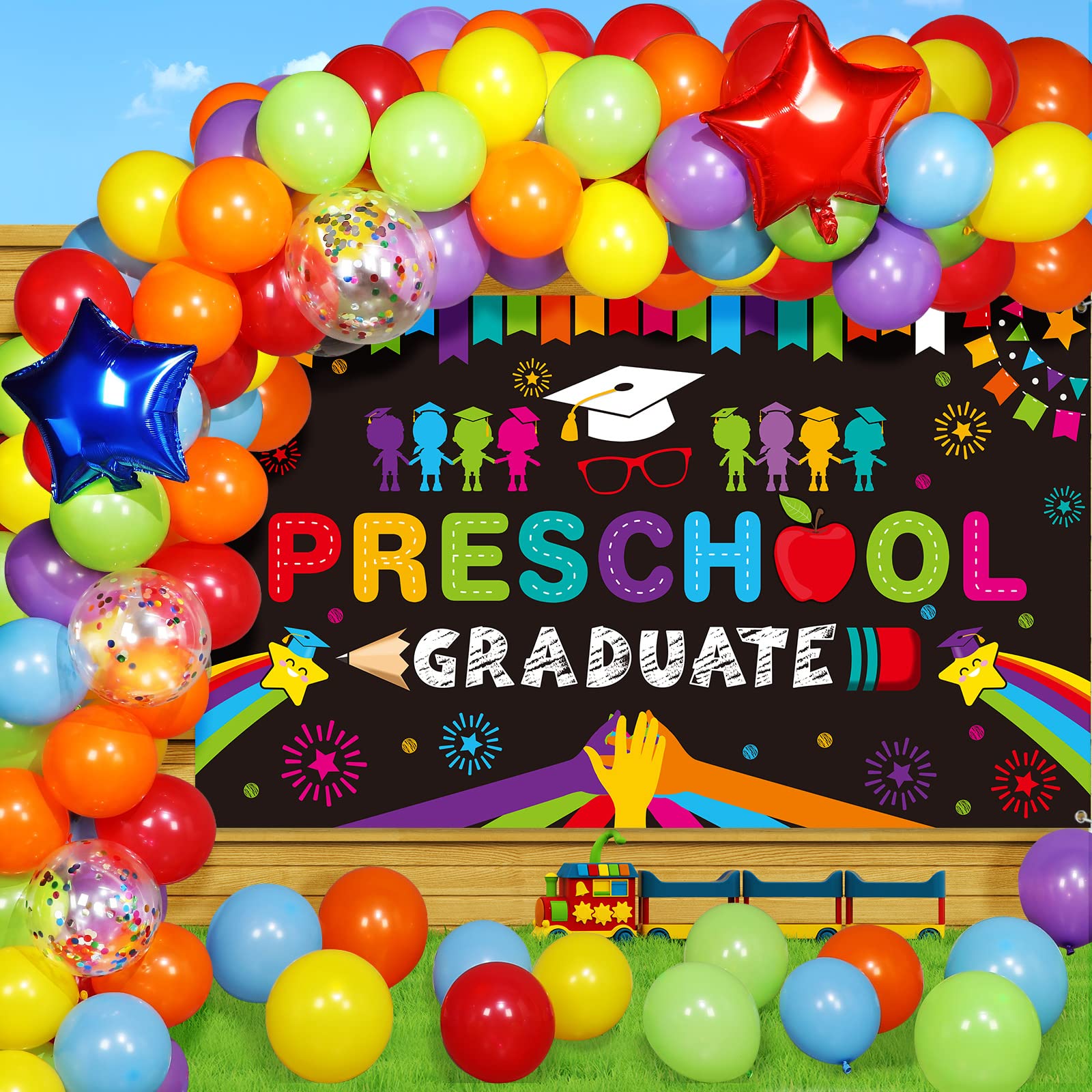 Oudain 2025 Preschool Graduation Party Decorations Kit - Includes Kindergarten Graduation Backdrop & Balloon Garland for Pre-Elementary Celebration - Perfect for Classroom Decorations, Graduation Ceremonies & Photo Booths (Black)