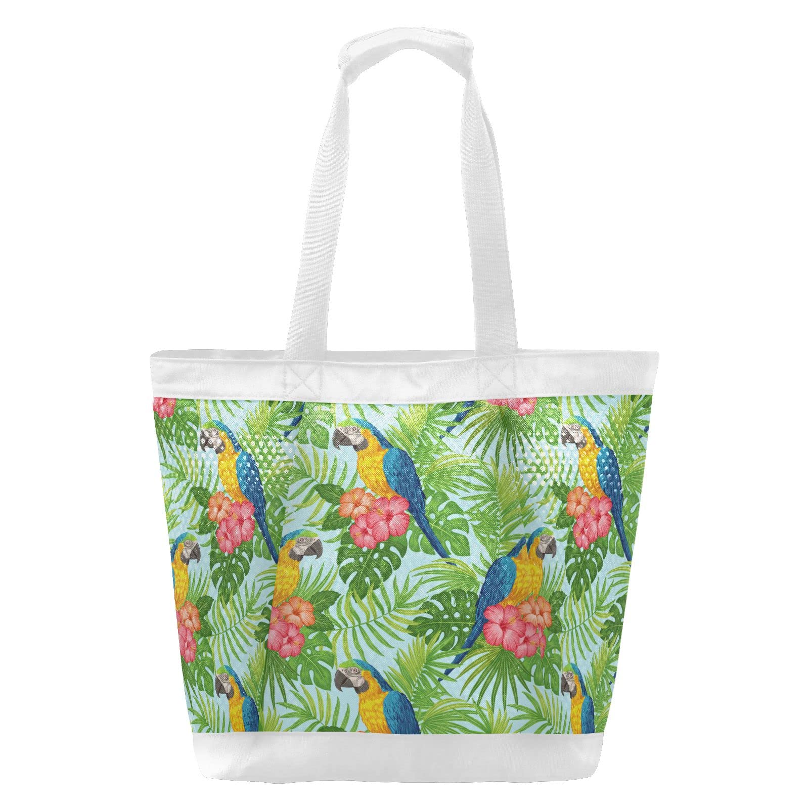 J JOYSAY Tropical Floral Parrots Mesh Beach Tote Bag - Large Waterproof & Sandproof Beach Bag for Women - Perfect for Pool, Gym, Sports & Summer Vacations