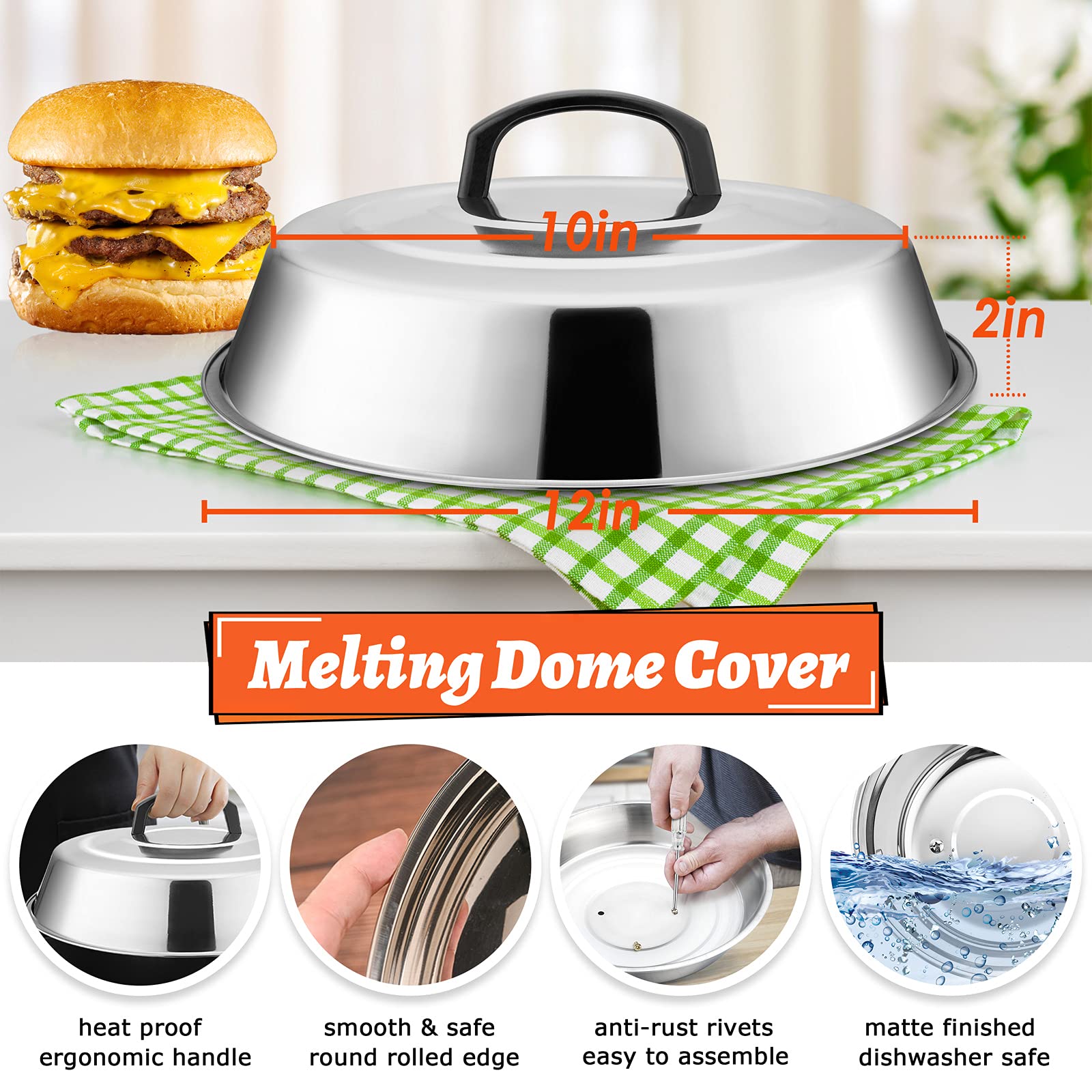 HaSteeL 12-Inch Stainless Steel Cheese Melting Dome & 7-Inch Cast Iron Grill Press Set - Heavy Duty Burger Bacon Press with Basting Cover - Perfect for Teppanyaki, Flat Top Griddle, Indoor & Outdoor Cooking (BBQ, Camping, Restaurant Use)