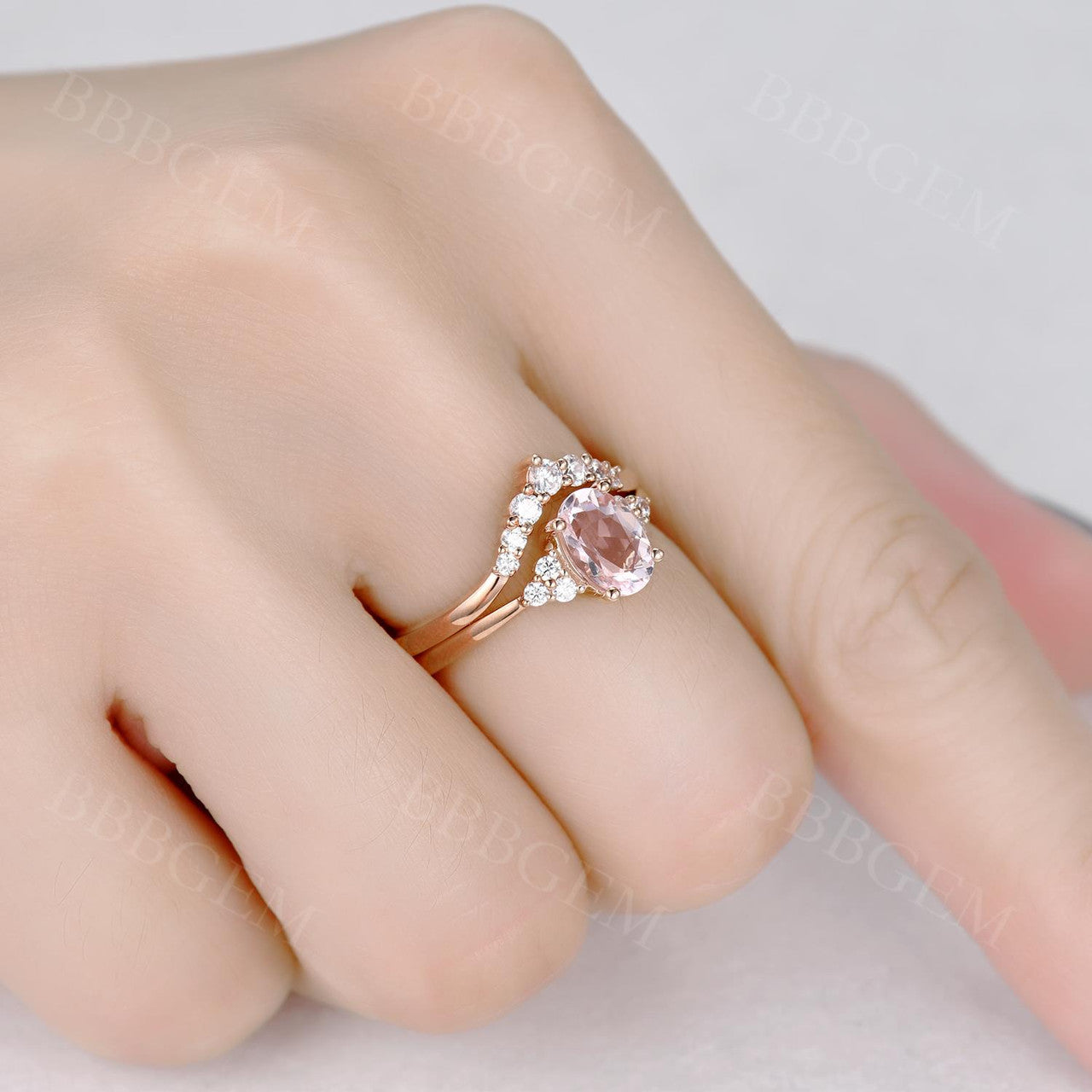 1 Carat Oval Morganite Engagement Ring Set with Curved Diamond Accents & Moissanite Side Stones - Perfect for Bridal, Wedding, and Anniversary Gifts