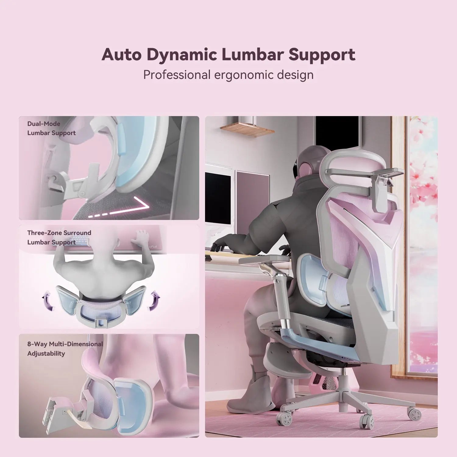 AutoFull G7 Pink Ergonomic Gaming Chair - Adjustable Lumbar Support & Headrest - Comfortable Racing Style Computer Chair for Office & Home Gaming Setup - Perfect for Long Gaming Sessions & Work from Home