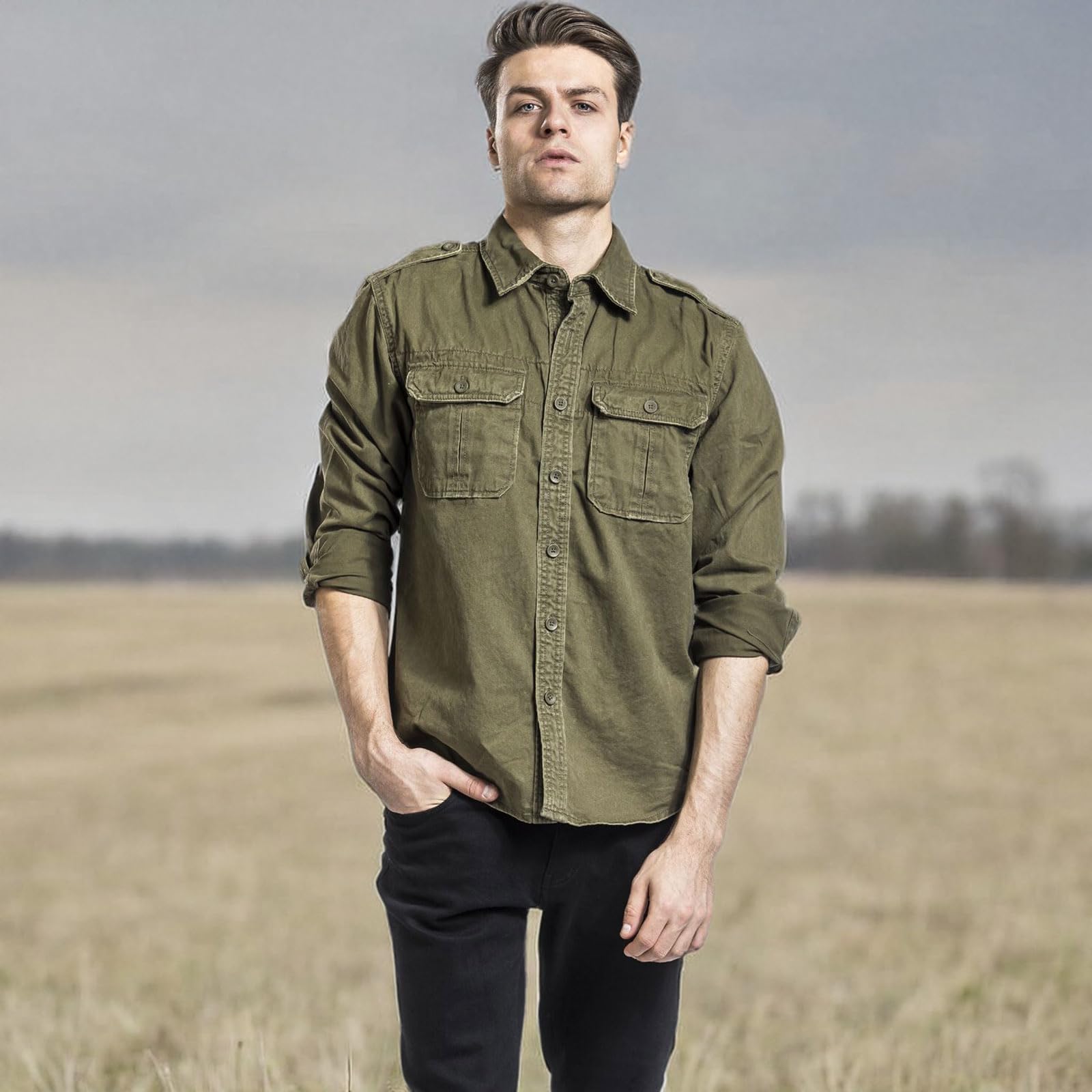 Men's Rugged Cotton Breathable Casual Button Down Long Sleeve Shirt with Raw Edges & Shoulder Boards | Durable Workwear & Outdoor Adventure Shirt for Hiking, Camping and Everyday Wear