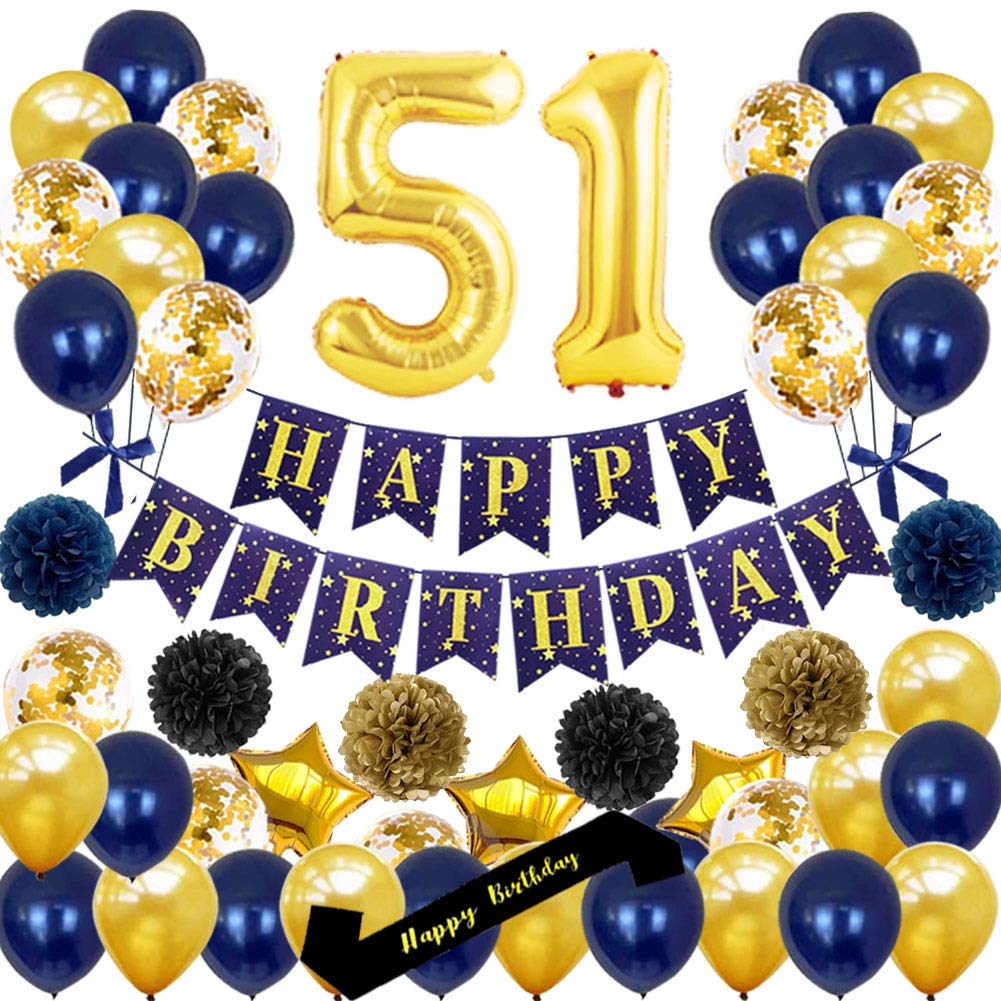 51st Birthday Party Decorations - Gold Happy Birthday Banner, Number 51 Balloons, Sash & Confetti - Perfect for 51 Year Old Celebration Supplies (Dark Blue) - Ideal for Milestone Birthdays, Retirement Parties & Anniversary Decor