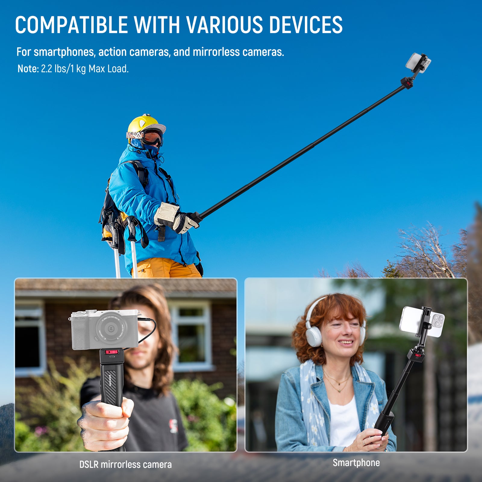 NEEWER PA993 31.5 Inch Rechargeable Selfie Stick with Built-in Battery & Wireless Remote - Perfect for Travel, Vlogging, and Group Photos