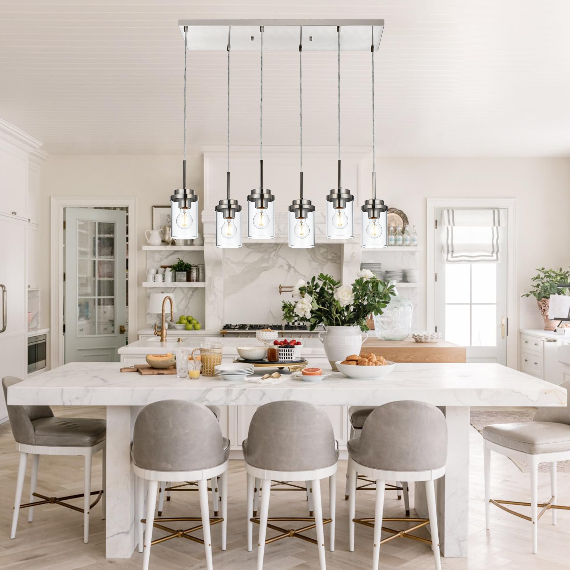 Modern 6-Light Linear Chandelier - 30.5 Inch Brushed Nickel Pendant Lighting with Clear Glass Shades for Kitchen Island & Dining Room | Perfect for Contemporary Home Decor, Restaurant Lighting, and Open Concept Spaces