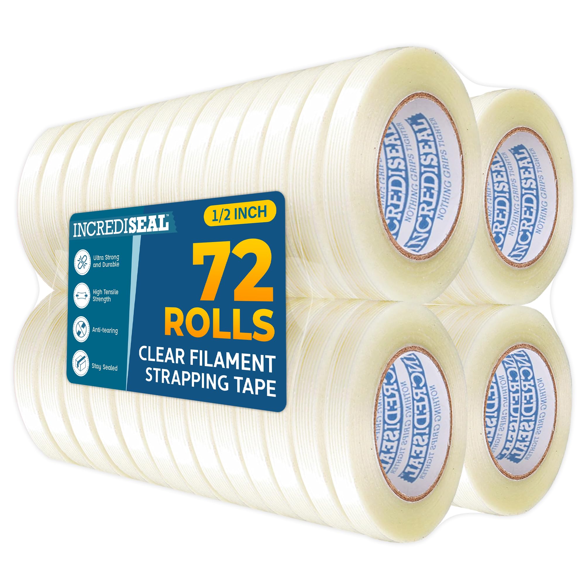 IncrediSeal 1/2 Inch x 180 Feet Clear Filament Strapping Packing Tape (72 Rolls) - Heavy Duty 5.50 Mil Shipping Tape with Strong Adhesive for Moving, Box Sealing & Packaging - Ideal for Warehouse, Ecommerce, Logistics & Home Use