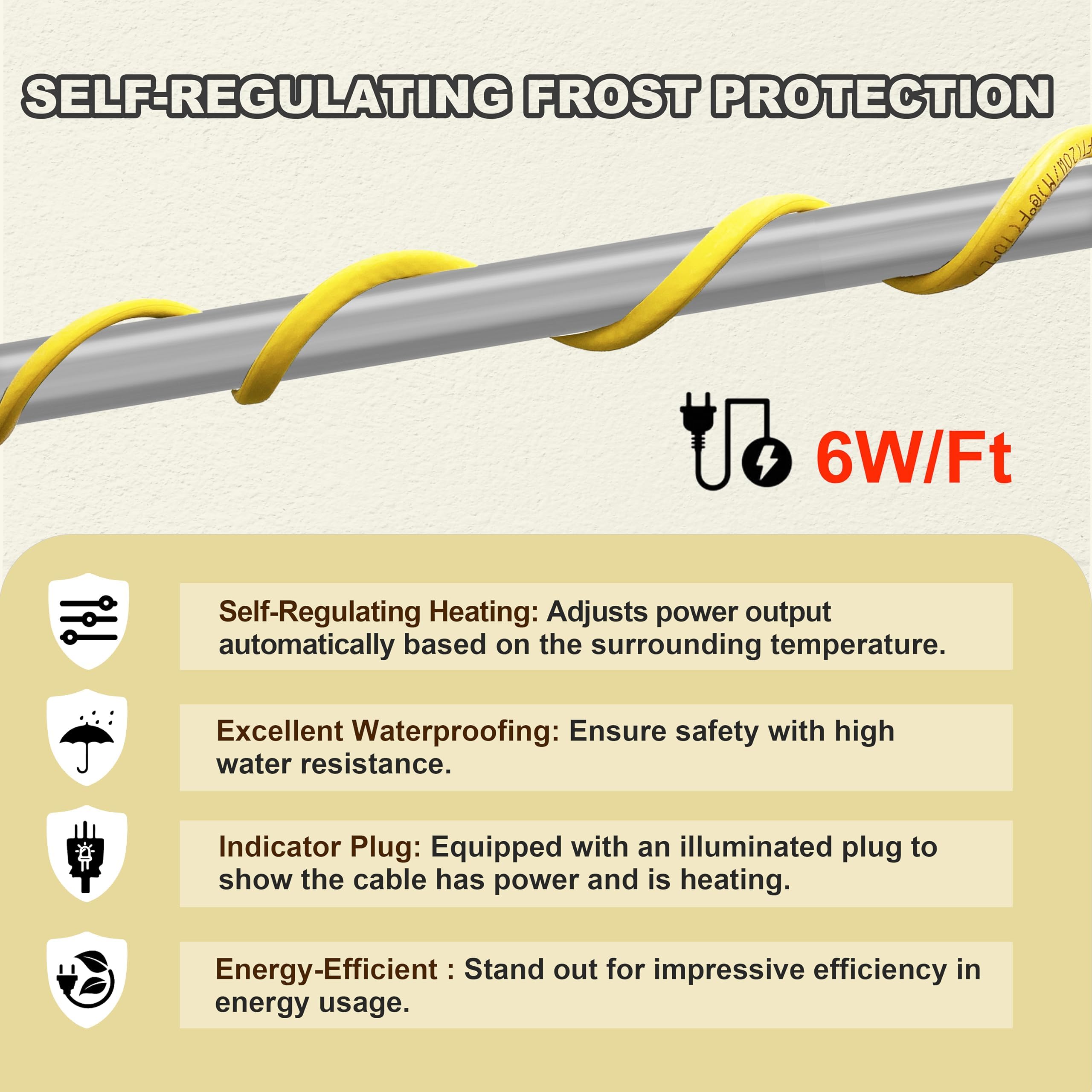 45 Feet Self-Regulating Pipe Heat Cable - Freeze Protection for Metal & Plastic Water Pipes | 120V Anti-Freeze Heating System with 6ft Power Cord by YeloDeer | Ideal for Basement, Outdoor & RV Pipe Winterization