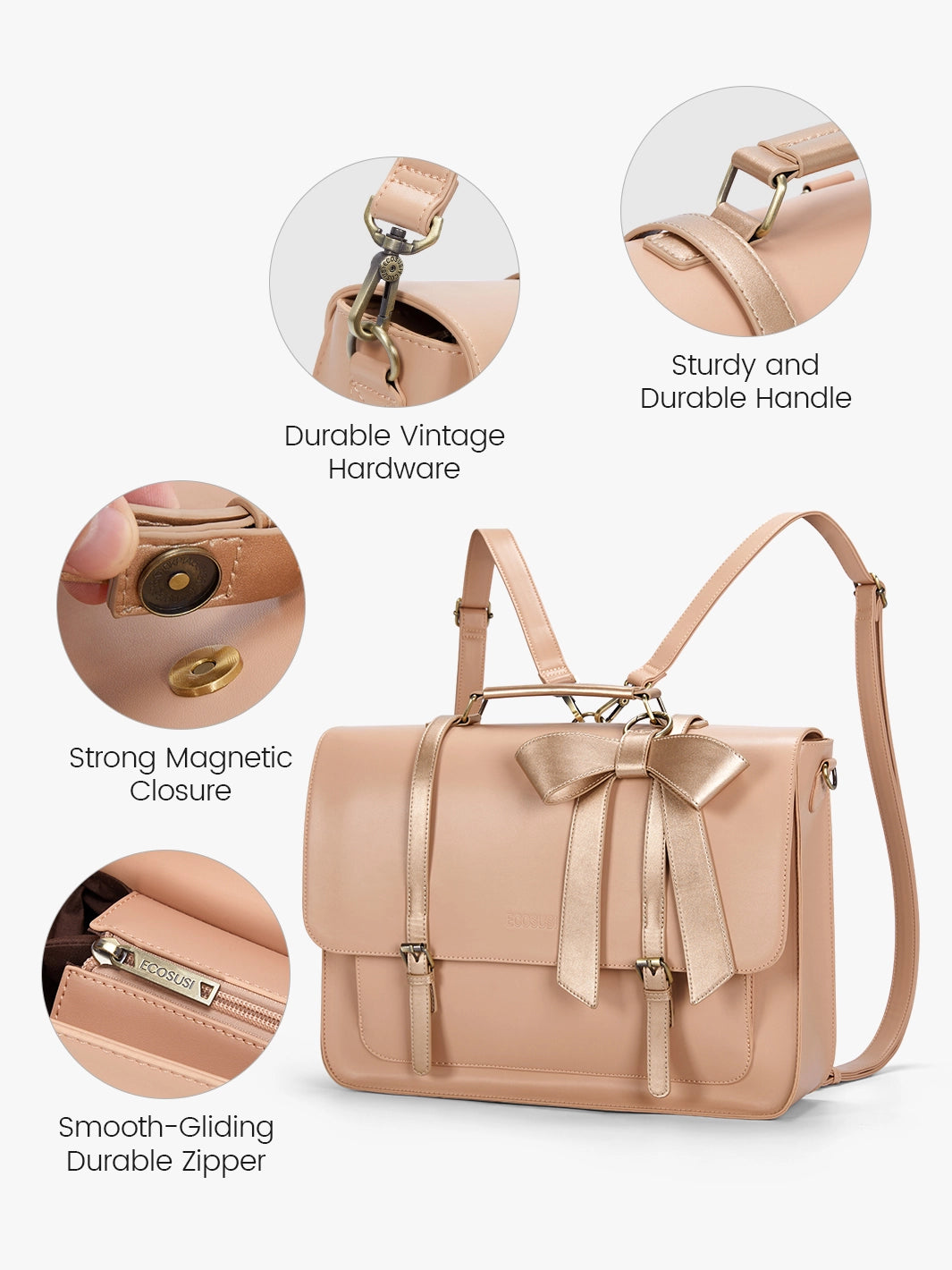EcoSusi Classic Bow Briefcase - Elegant Cocoa Truffle Leather Handbag for Women | Perfect for Office, Business Meetings & Professional Work