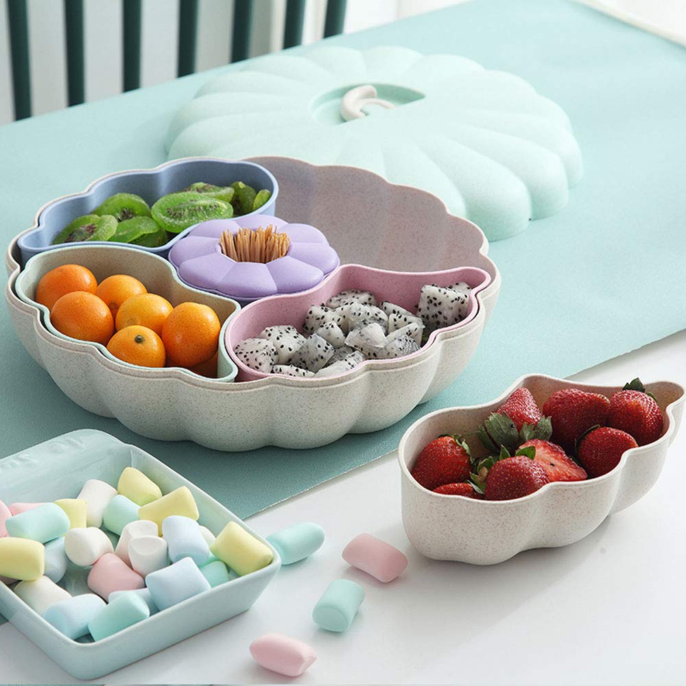 Pumpkin Shaped Snack Serving Tray with Lid - Multi Section Appetizer Plates & Snack Bowls for Party, Halloween, Thanksgiving - Perfect for Storing Dried Fruits, Nuts, Candies, Fruits (Pink)