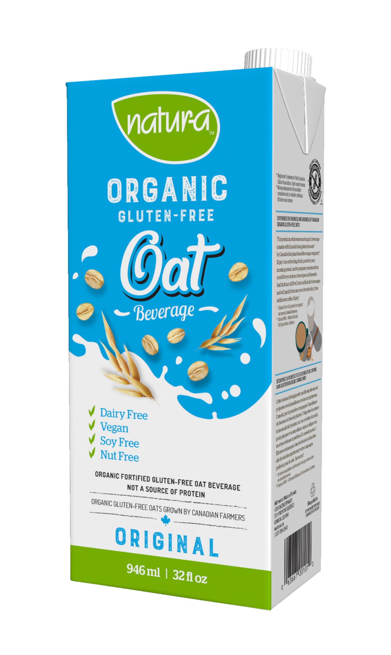 Organic Oat Milk - NATURA Original, Gluten Free, Dairy Free, Vegan, Non-GMO, Shelf Stable Plant Based Beverage | 946ml | Perfect for Coffee, Smoothies & Baking - Made in Canada