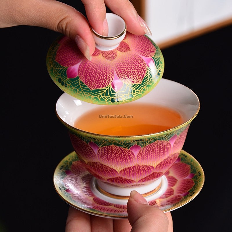 Premium Enamel Porcelain Pink Lotus Gaiwan - Traditional Chinese Tea Set for Gongfu Tea Ceremony, Perfect for Home Brewing & Gift Giving