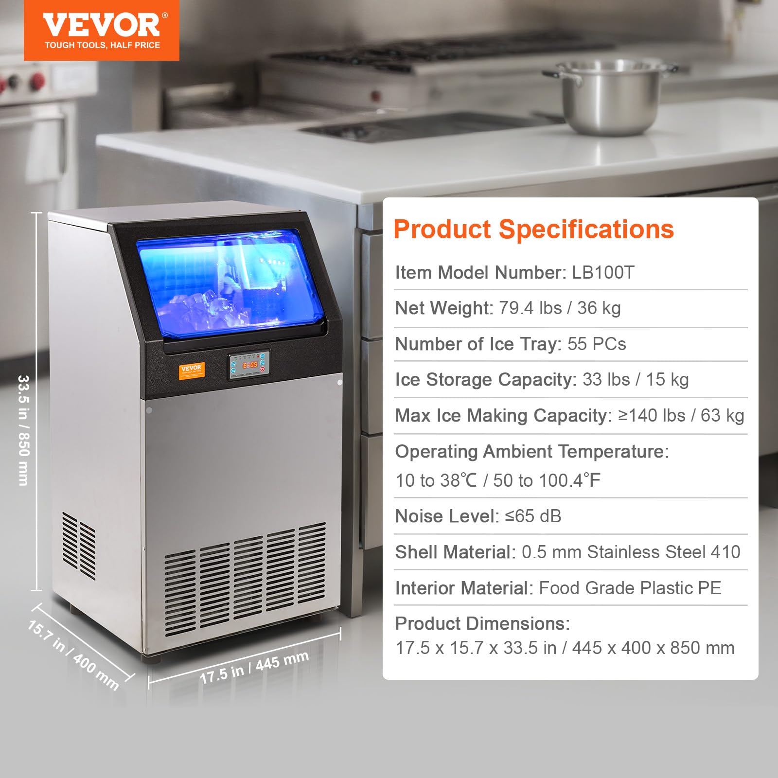 VEVOR Commercial Ice Maker Machine 140LBS/24H with 33LBS Storage - Fast 55 Ice Cubes in 12-15 Mins - Perfect for Bars, Restaurants, Home & Office Use - Ideal for Cocktails, Beverages & Food Preservation