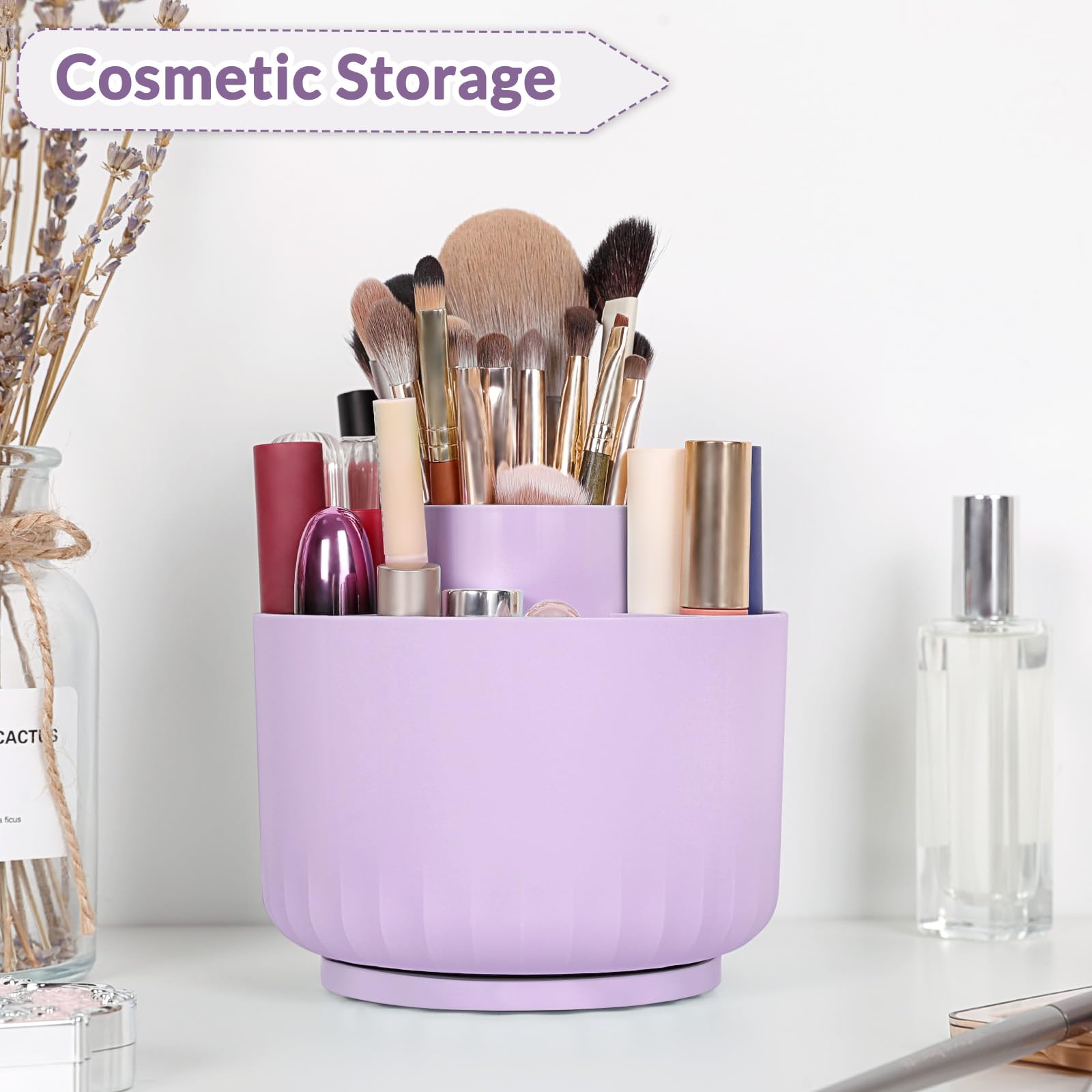 SKYDUE 360 Degree Rotating Desk Organizer - 5-Slot Dual-Purpose Pencil & Pen Holder for Office, School, or Home Use - Perfect for Organizing Stationery, Makeup Brushes, and Utensils (Purple)
