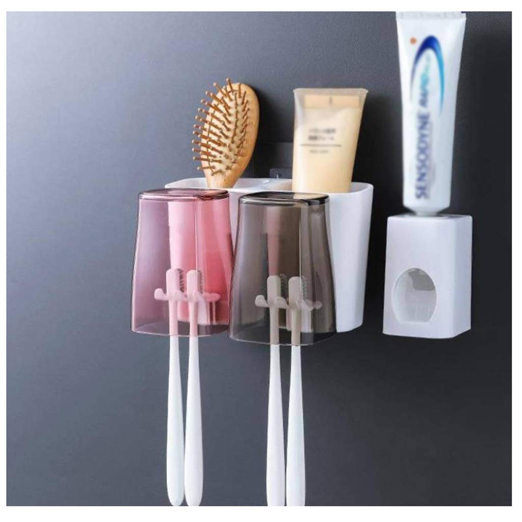 Clear Acrylic Toothbrush Holder with Suction Cup - Wall Mounted Toothpaste Stand, Razor Rack & Hanging Organizer - Automatic Toothpaste Squeezer Slot for Bathroom Vanity Countertop - Perfect for Small Space Organization & Modern Home Decor