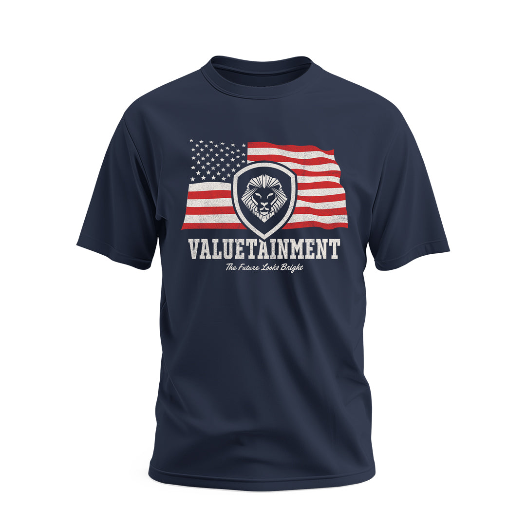 Valuetainment Lion Shield Flag Navy Short Sleeve T-Shirt - Motivational Business Apparel for Entrepreneurs & Professionals