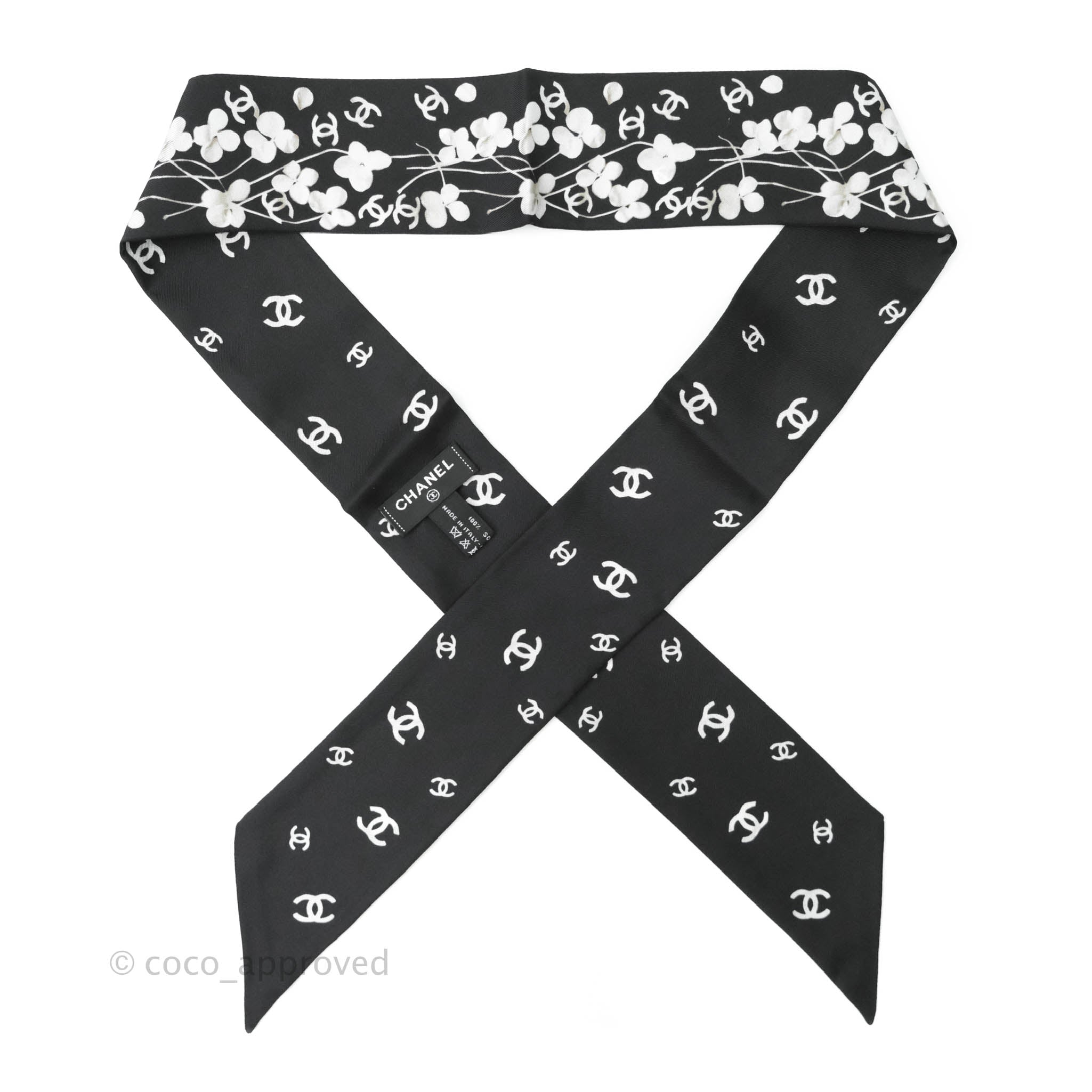 Chanel CC Flora Print Silk Twilly Scarf - Black & White Luxury Fashion Accessory for Women | Perfect for Handbags, Hair & Neck Styling