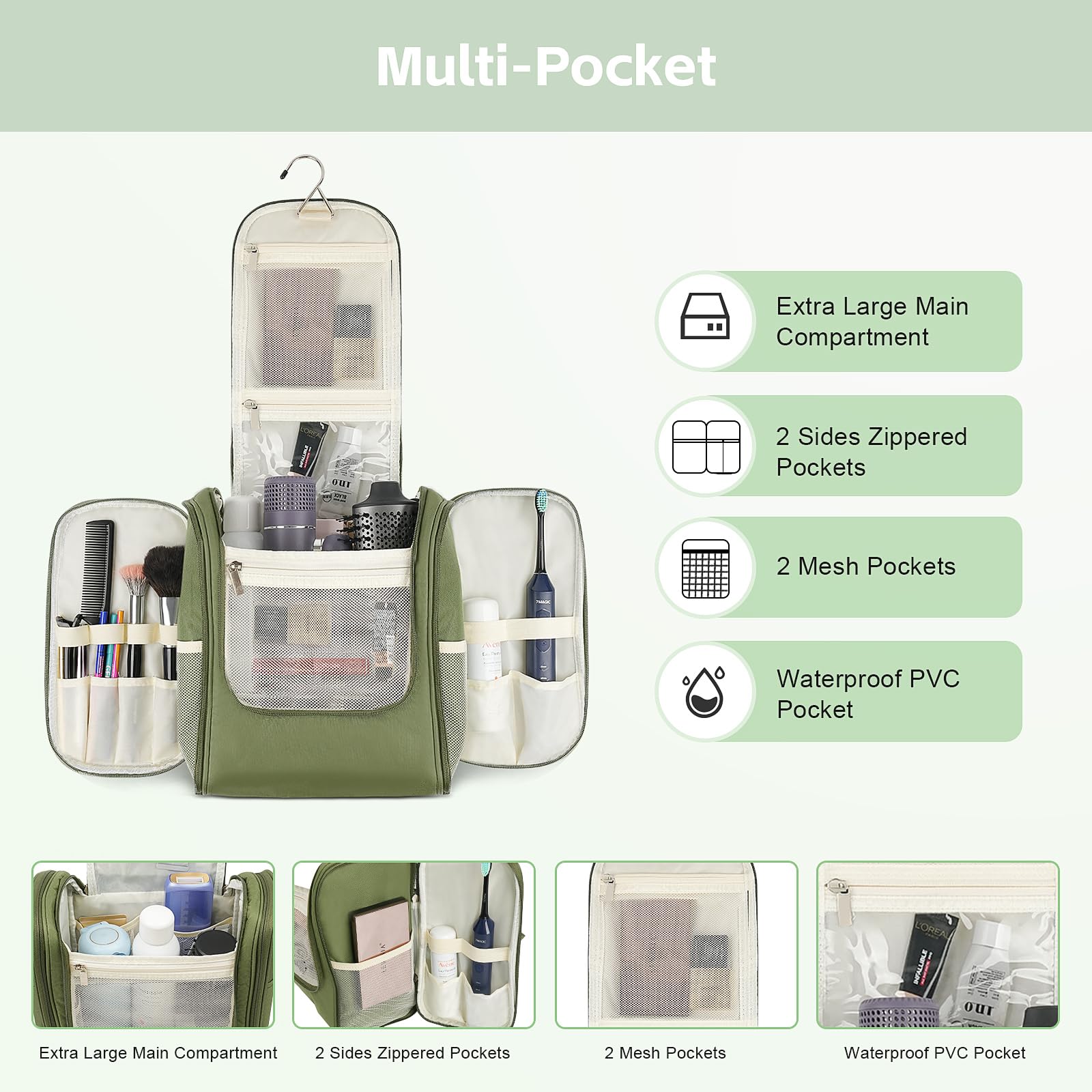 Premium MULISOFT Extra Large Hanging Toiletry Bag for Women & Men - Waterproof Travel Cosmetic Organizer with Multiple Pockets - Perfect for Airplane, Camping & Gym Essentials Storage