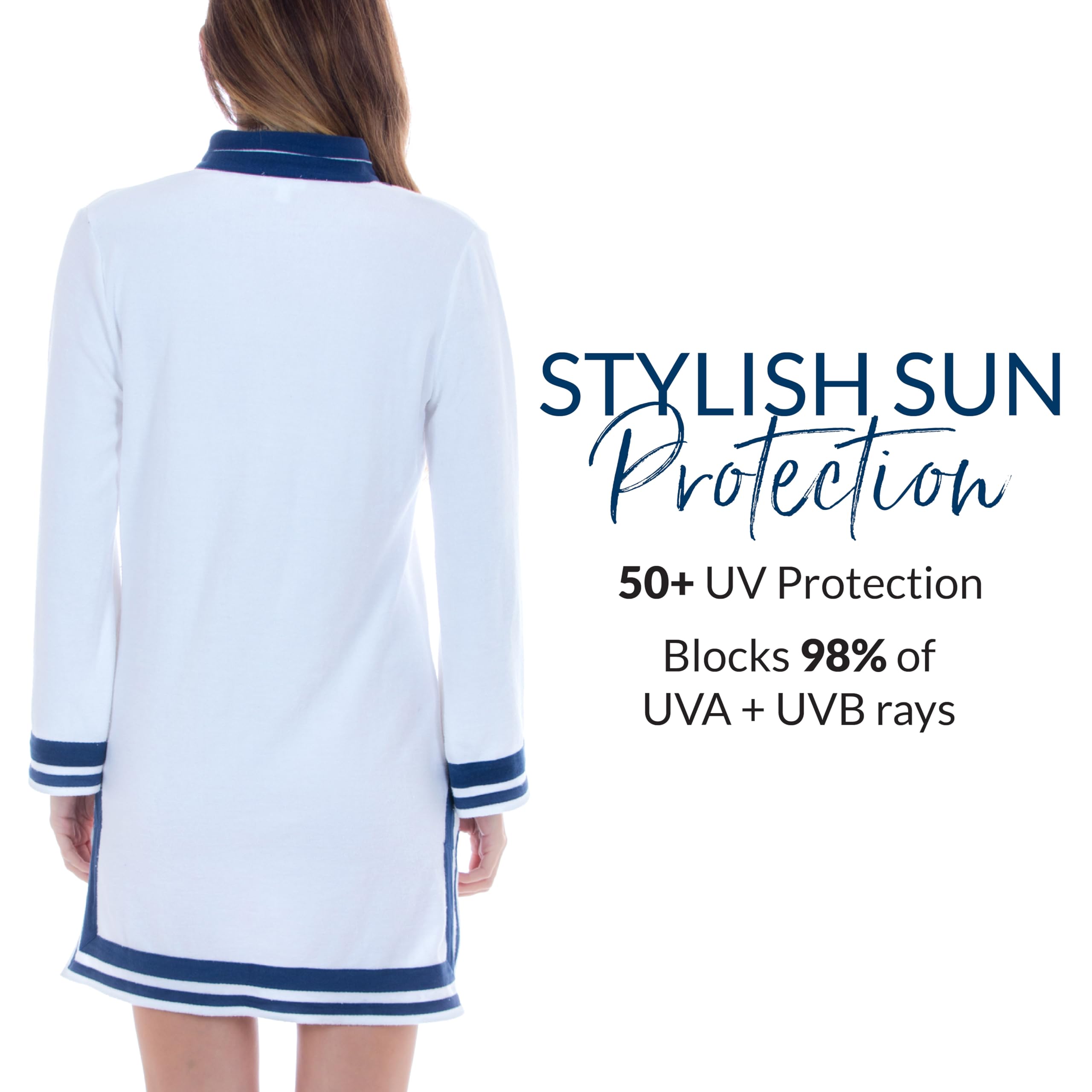 Cabana Life Women's UPF 50+ Sun Protective Terry Tunic Dress - Long Sleeve Cotton/Poly Cover-Up for Beach, Pool & Summer Vacations
