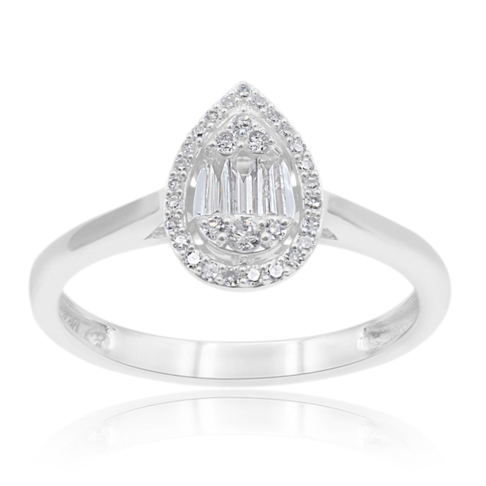9ct White Gold Diamond Ring with 31 Brilliant & 3 Baguette Cut Diamonds - Elegant Engagement & Wedding Jewelry for Women