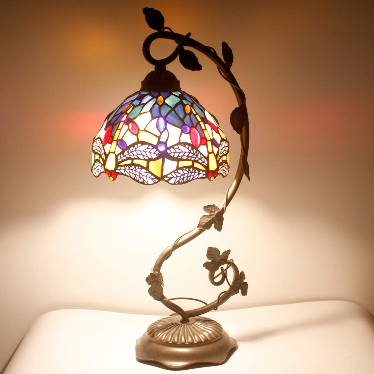 Tiffany Style Stained Glass Table Lamp with Blue & Yellow Dragonfly Design - Metal Leaf Base, 8x10x21 Inches - Perfect for Bedroom, Home Office, Living Room Decor - S128 Series
