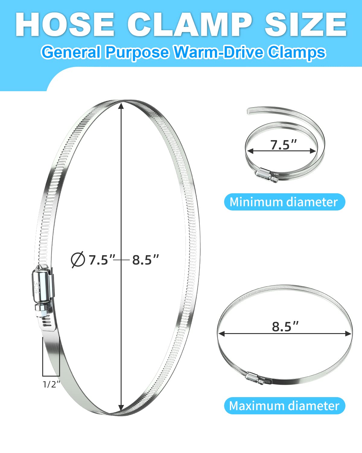 6PCS 8 Inch 304 Stainless Steel Worm Gear Hose Clamps - Heavy Duty Fuel Line, Dryer, Intercooler, Garden Water Pipe & Washing Machine Clamps (195-215mm) for Automotive, Plumbing & Home Improvement Projects