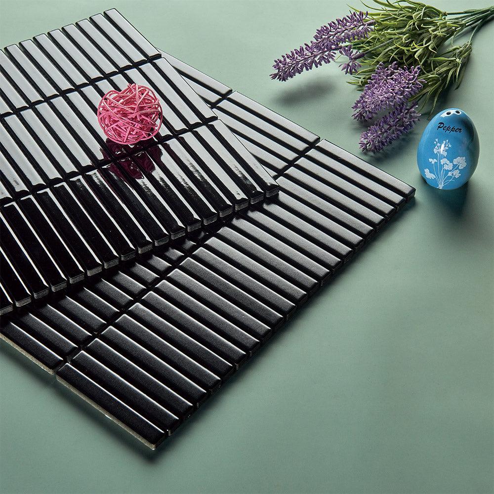 Premium Nara Black Kit Kat Gloss Mosaic Tile - Elegant Ceramic Wall & Floor Tiles for Kitchen Backsplash, Bathroom, and Pool Design