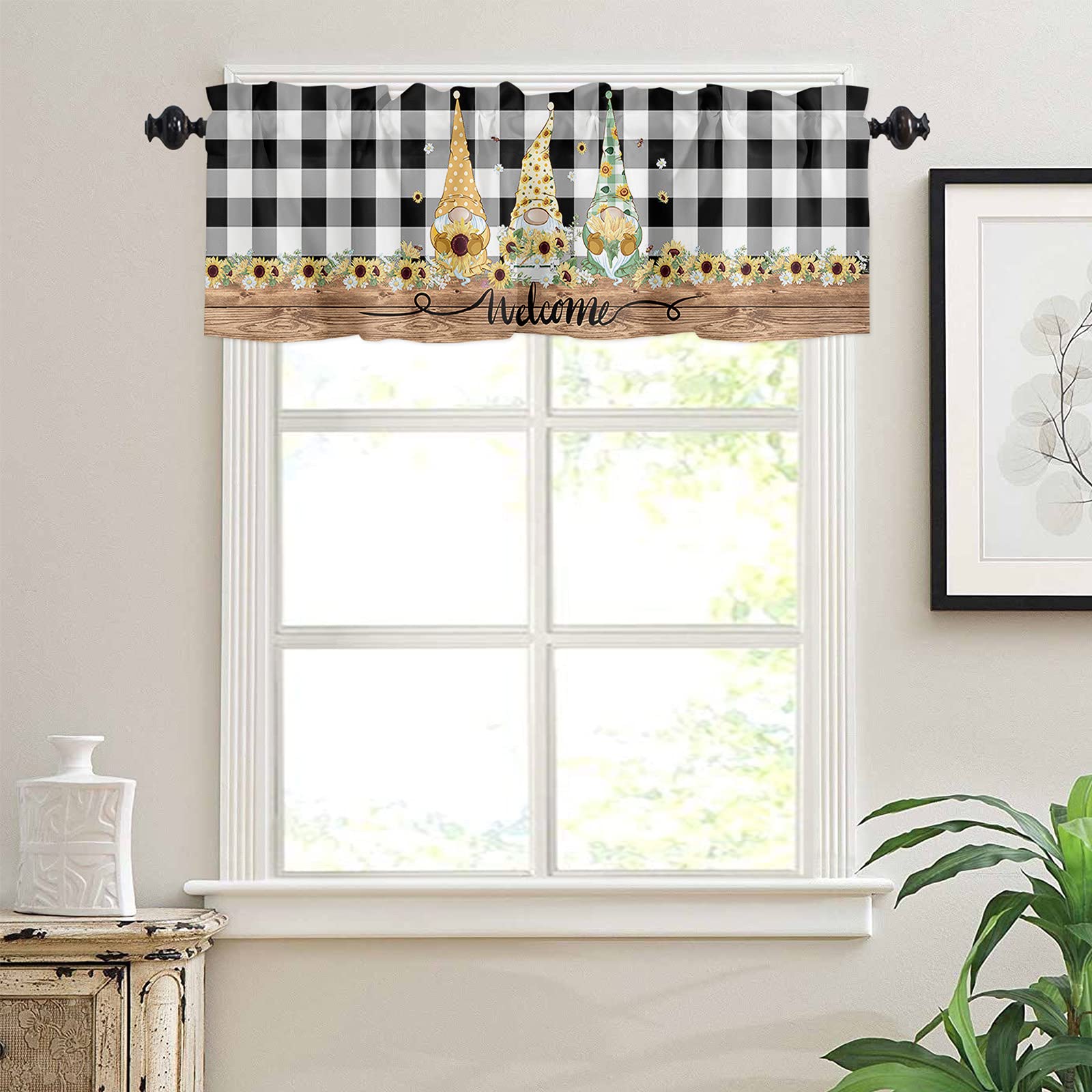 ALAGEO Farmhouse Sunflower Gnome Kitchen Valances - Black Plaid Window Treatment with Rod Pocket, 1 Panel 54x18 Inch - Perfect for Kitchen, Living Room & Bedroom Decor | Rustic Home Accents & Cozy Window Toppers