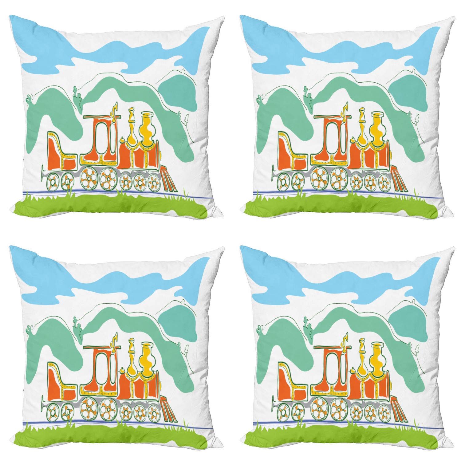 Ambesonne Vintage Steam Engine Decorative Throw Pillow Covers Set of 4 - 18 Inch Colorful Retro Train Cartoon Print Cushion Covers for Sofa, Living Room, Car - Green Blue Orange - Perfect for Home Decor & Travel Accessories