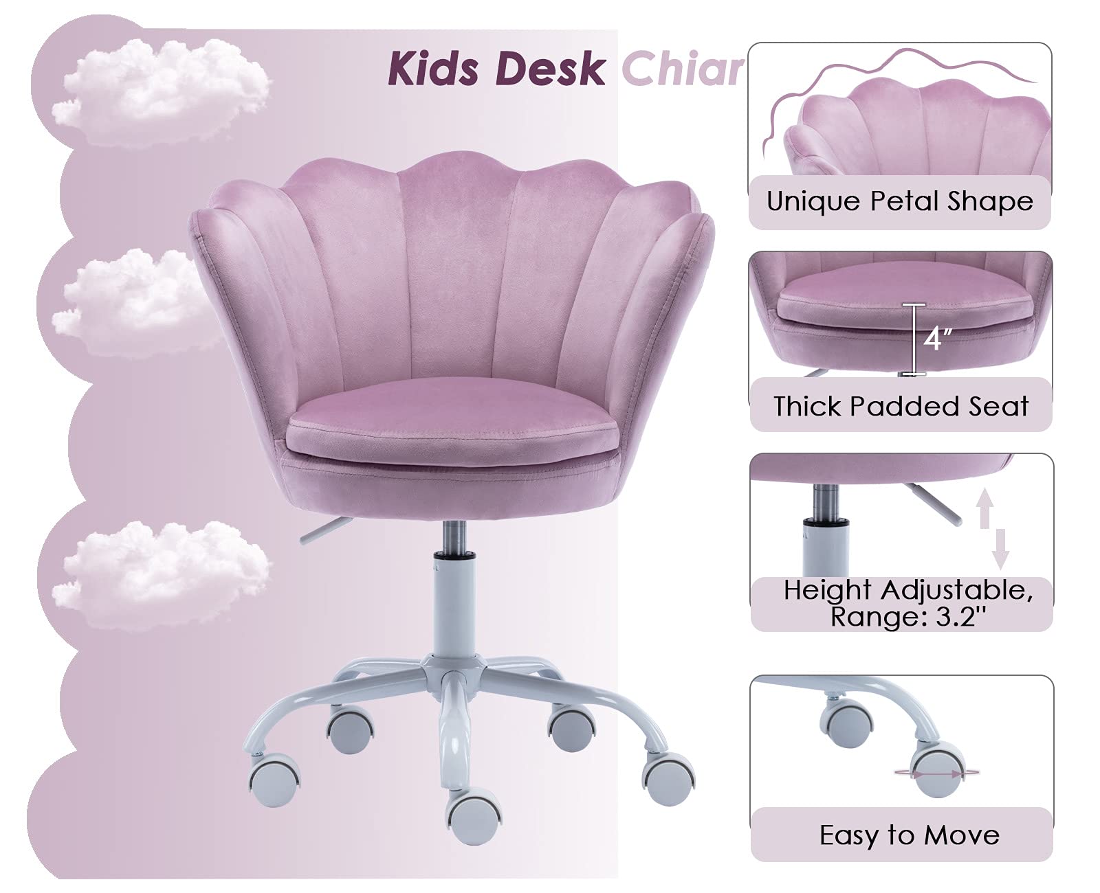 CIMOTA Adjustable Velvet Kids Desk Chair - Light Purple Swivel Shell Vanity Chair for Girls, Ergonomic Study & Computer Chair for Bedroom or Playroom | Perfect for Homework, Gaming & Reading