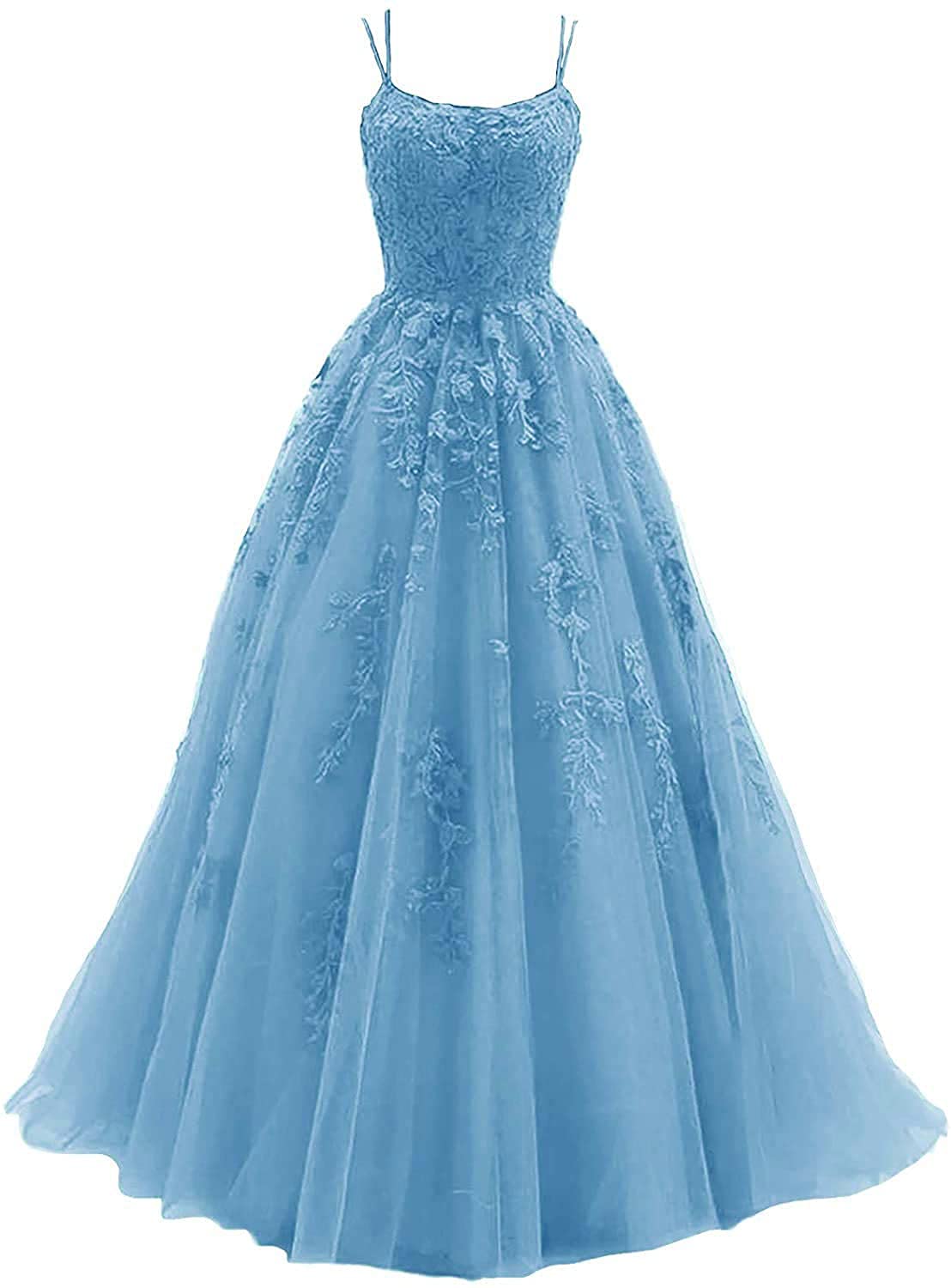 Elegant Women's Lace Applique Prom Dresses with Long Spaghetti Straps - Ball Gown Tulle Formal Evening Party Gowns for Homecoming, Wedding, Quinceañera & Special Occasions