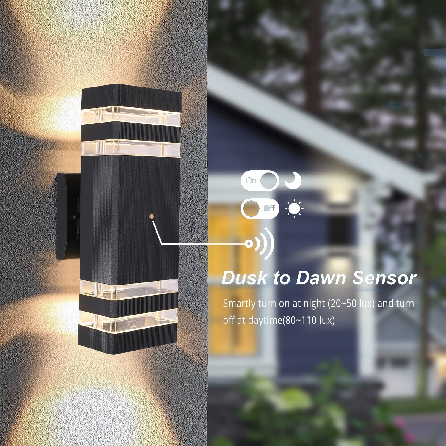 RETRELMP 2 Pack Dusk to Dawn Outdoor Wall Lights - Black LED Exterior Lighting Fixtures, Square Porch Up Down Wall Sconce for Front Door, Hallway, Patio, Garage - Weatherproof & Energy Saving for Home Security & Curb Appeal