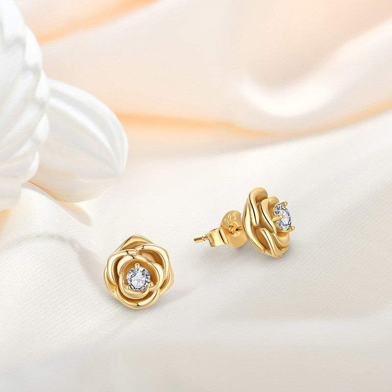 Golden Rose Stud Earrings for Women - 14K Gold Plated Floral Earrings for Daily Wear, Gift Giving & Special Occasions