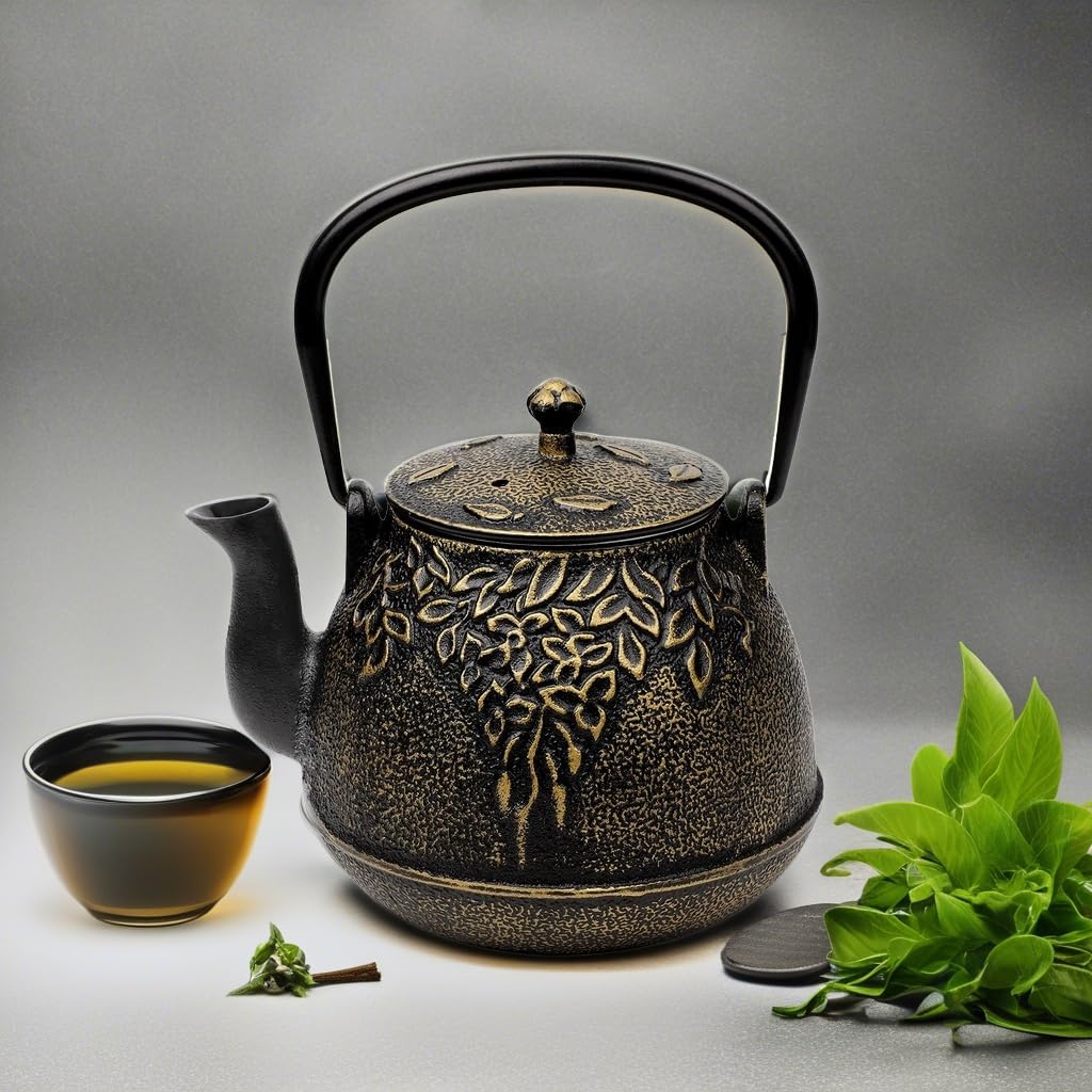 Premium Japanese Cast Iron Tea Kettle - 40oz (1200ml) Stovetop Safe Teapot with Removable Infuser for Loose Leaf Tea, Black - Perfect for Home Brewing, Tea Ceremonies & Cozy Afternoons