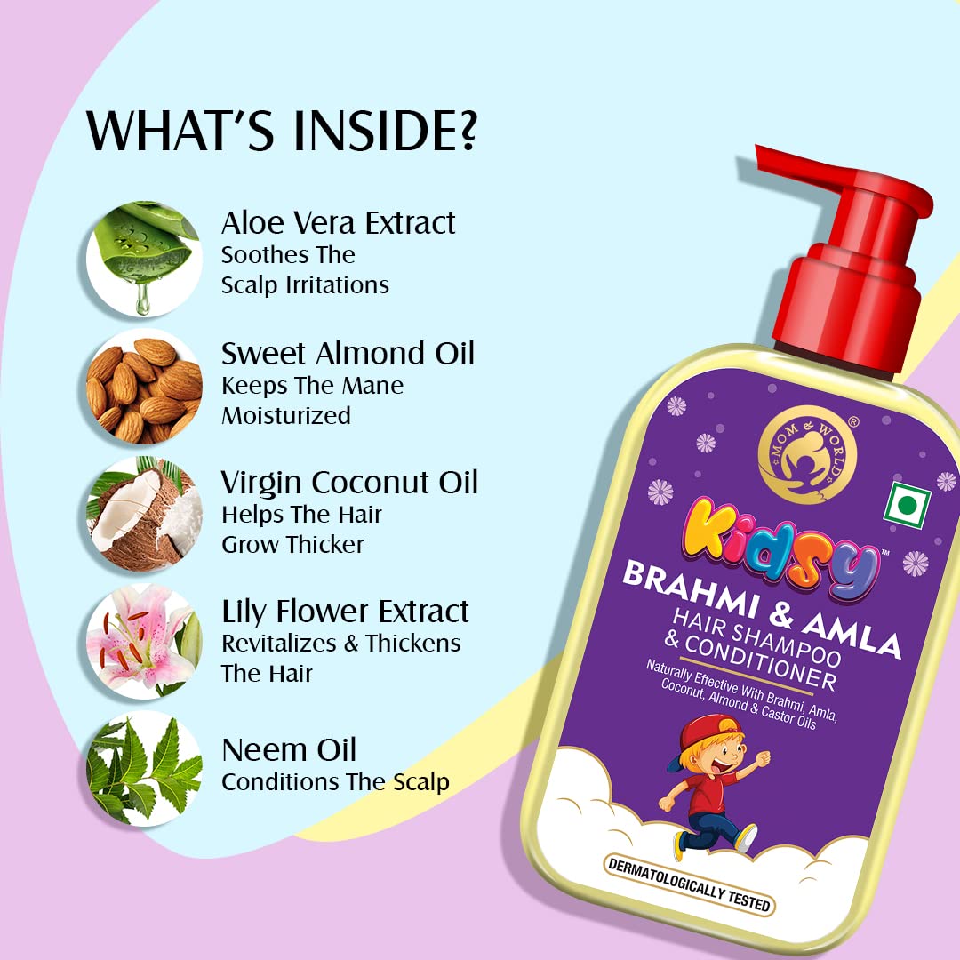 Kidsy Brahmi & Amla Hair Shampoo & Conditioner for Children - 240ml | Natural Ingredients with Brahmi, Amla, Coconut, Almond & Castor Oils | Sulfate-Free & Dermatologist Tested | Gentle Hair Care for Kids | Perfect for Daily Use & Sensitive Scalps