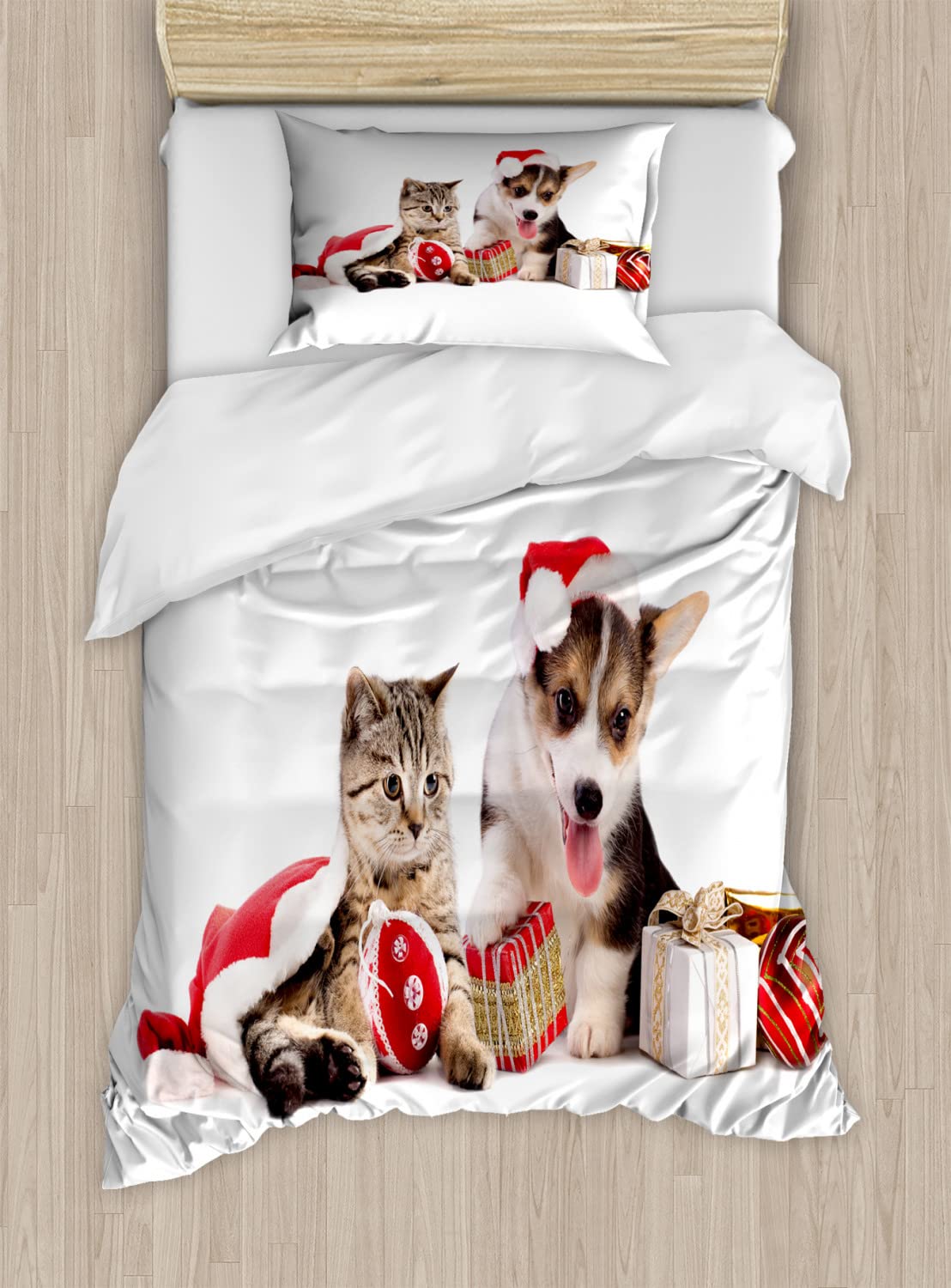 Ambesonne Christmas Duvet Cover Set - Festive Dog and Cat in Santa Hats with Surprise Boxes & Balls Holiday Design, 2-Piece Twin Size Bedding Set (Duvet Cover + Pillowcase) - Red White Brown - Perfect for Holiday Decor, Winter Bedroom & Cozy Christmas Gift
