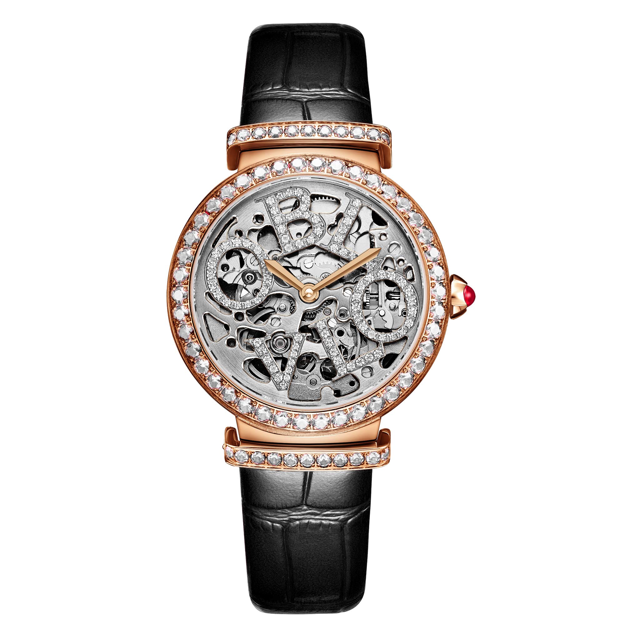 Luxury Women's Rose Gold Automatic Watch with Skeleton Dial - Genuine Leather Strap - Elegant Dress Watch for Business, Party & Special Occasions