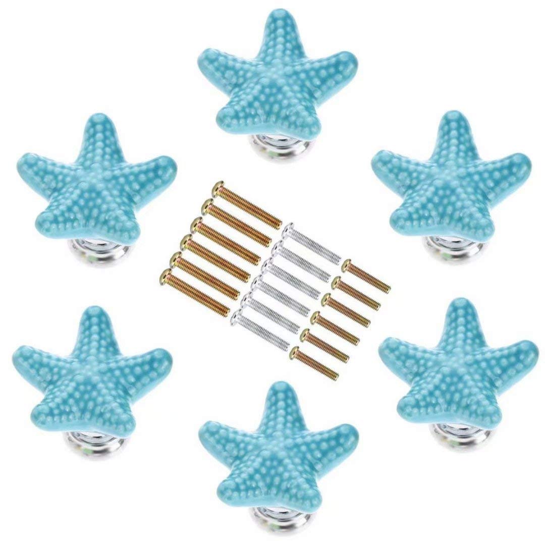 Blue Starfish Ceramic Drawer Pulls - 6 Pack Ocean Theme Cabinet Knobs for Nursery, Kitchen, Wardrobe & Beach Decor | Durable Handles for Dressers, Cupboards & Coastal Style Homes