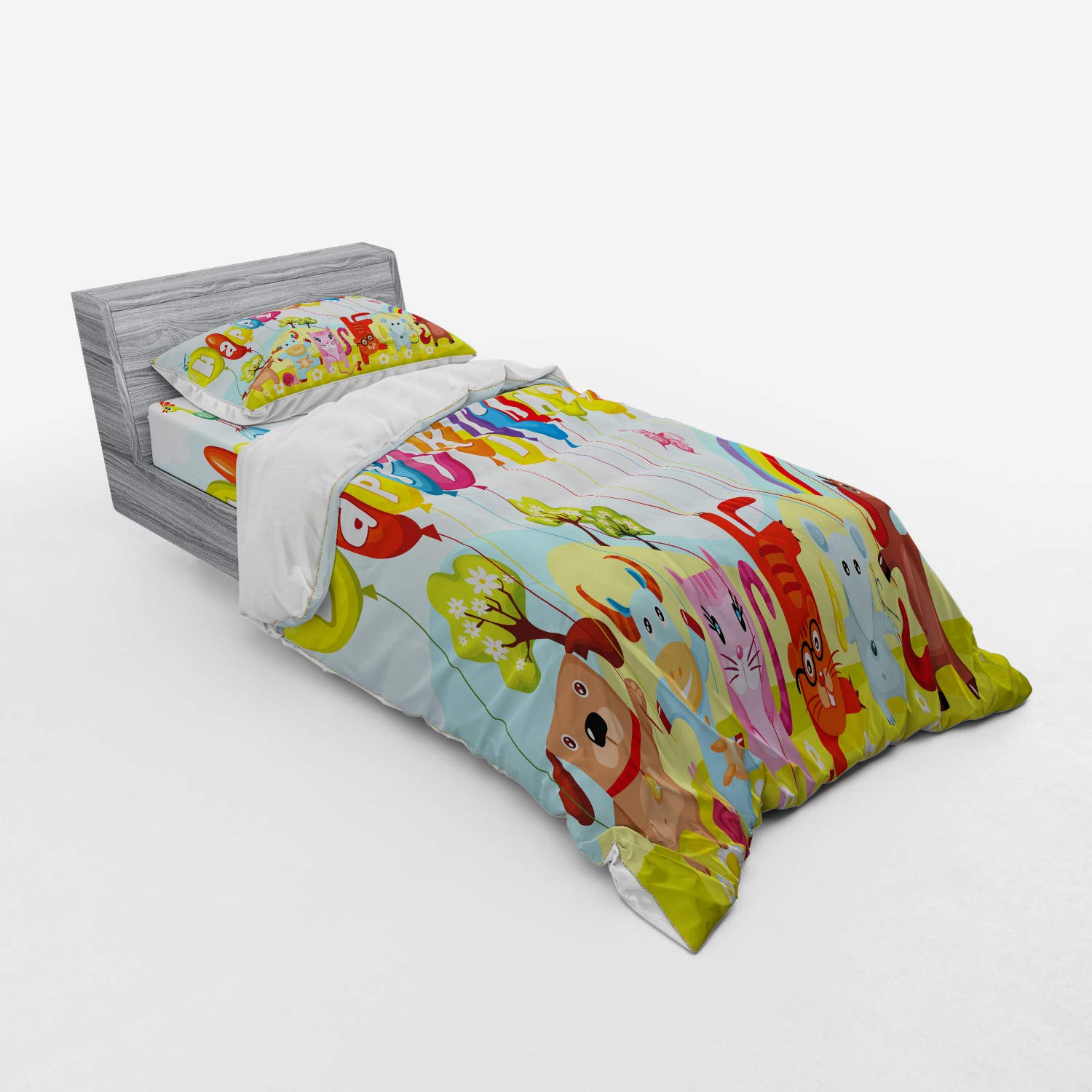 Ambesonne Farm Life Animals Balloons Rainbow Clouds Duvet Cover Set - 3 Piece Twin Size Bedding with Sham & Fitted Sheet - Vibrant Birthday Party Decor for Kids Room, Dorm or Guest Bedroom