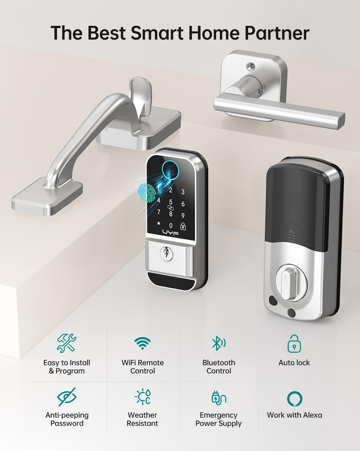 Smart WiFi Fingerprint Keyless Entry Door Lock with Keypad & Bluetooth - Digital Electronic Deadbolt Handle Set with Auto Lock, App & Alexa Remote Control - Perfect for Home Security & Smart Home Automation (Silver)